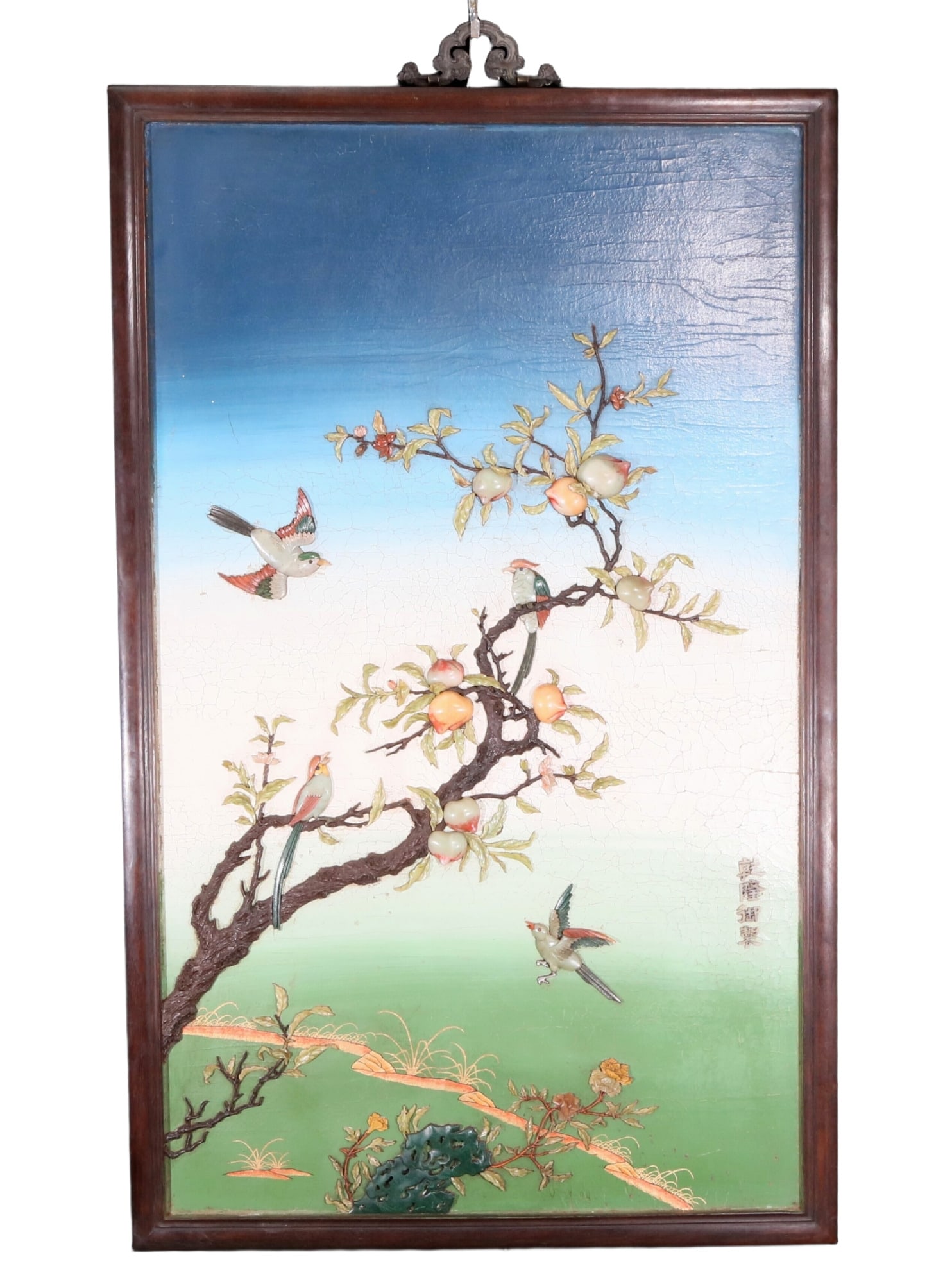 An exquisite zitanwood painted and painted hanging screen with inlaid gems and landscapes, flowers (1 of 5)