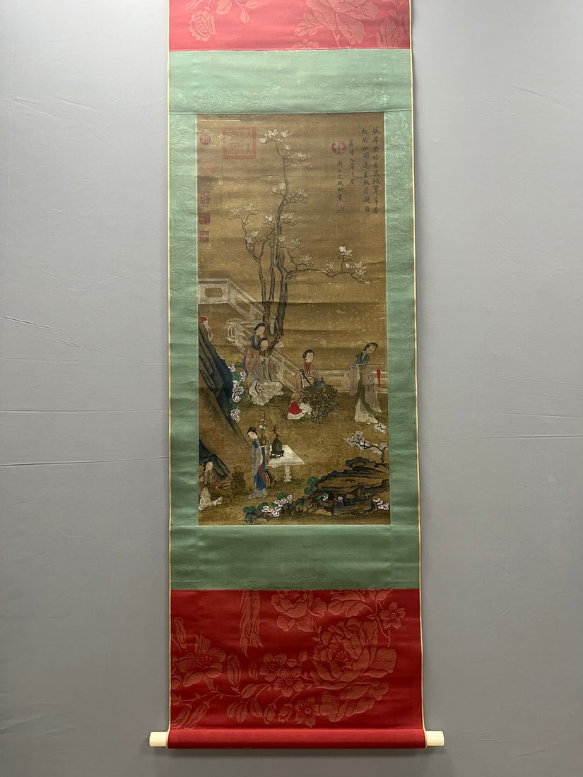 A Chinese Vertical Scroll Ink Painting of Character and Story on Silk,Wen Zhengming: A Chinese Vertical Scroll Ink Painting of Character and Story on Silk,Wen Zhengming,Size:(Without frame)39.8inx18.1in