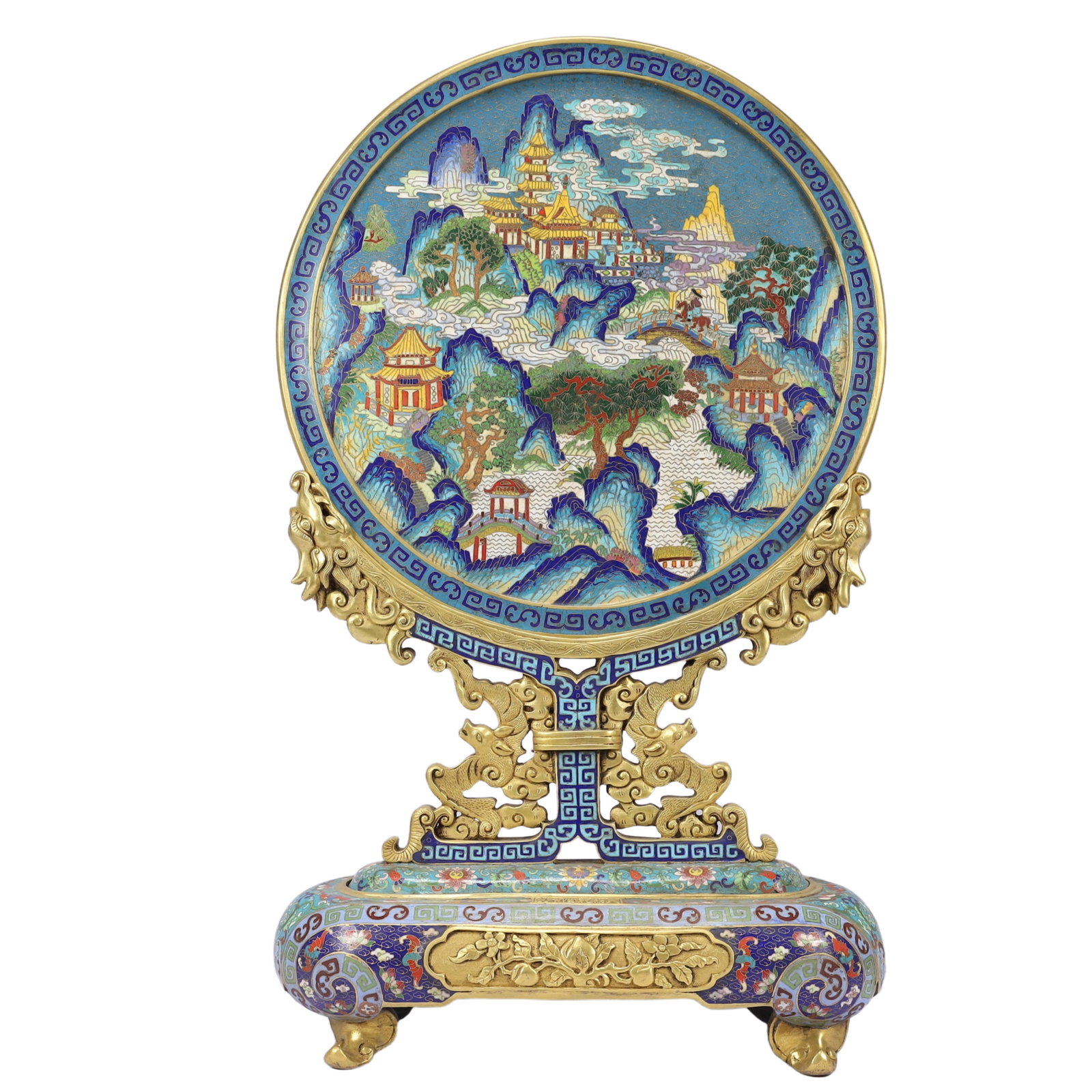 A Huge Cloisonne Landscape and Figure Pattern Table Screen: A Huge Cloisonne Landscape and Figure Pattern Table Screen,Qing Dynasty, China,Qianlong Six-character Mark,Size:14.6inx6.3inx25.6in,Weight:16200g 景泰蓝山水人୰