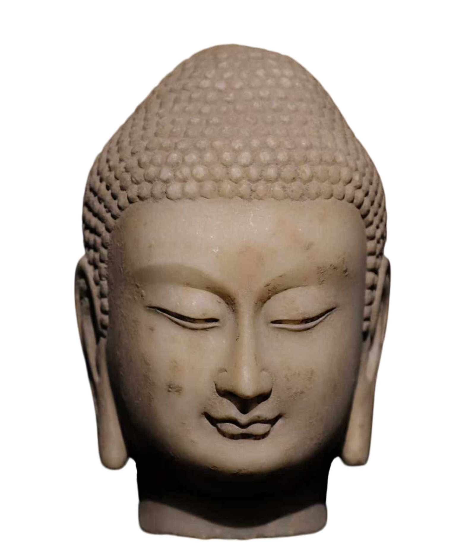 A Solemn Marble Sakyamuni-Head Ornament: A Solemn Marble Sakyamuni-Head Ornament,N.Qi,China,Size:11in 汉白玉如来头像摆件,中国北齐时期