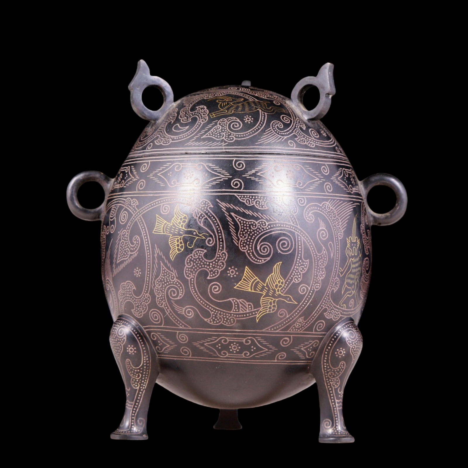 A precious bronze tripod jar with gold and silver inlaid with flowers and birds pattern and lid: A precious bronze tripod jar with lid inlaid with gold and silver flowers and birds, ancient times, Size: 4.3inx3.1inx4.5in, Weight: 535g 铜嵌金银花鸟纹ߍ