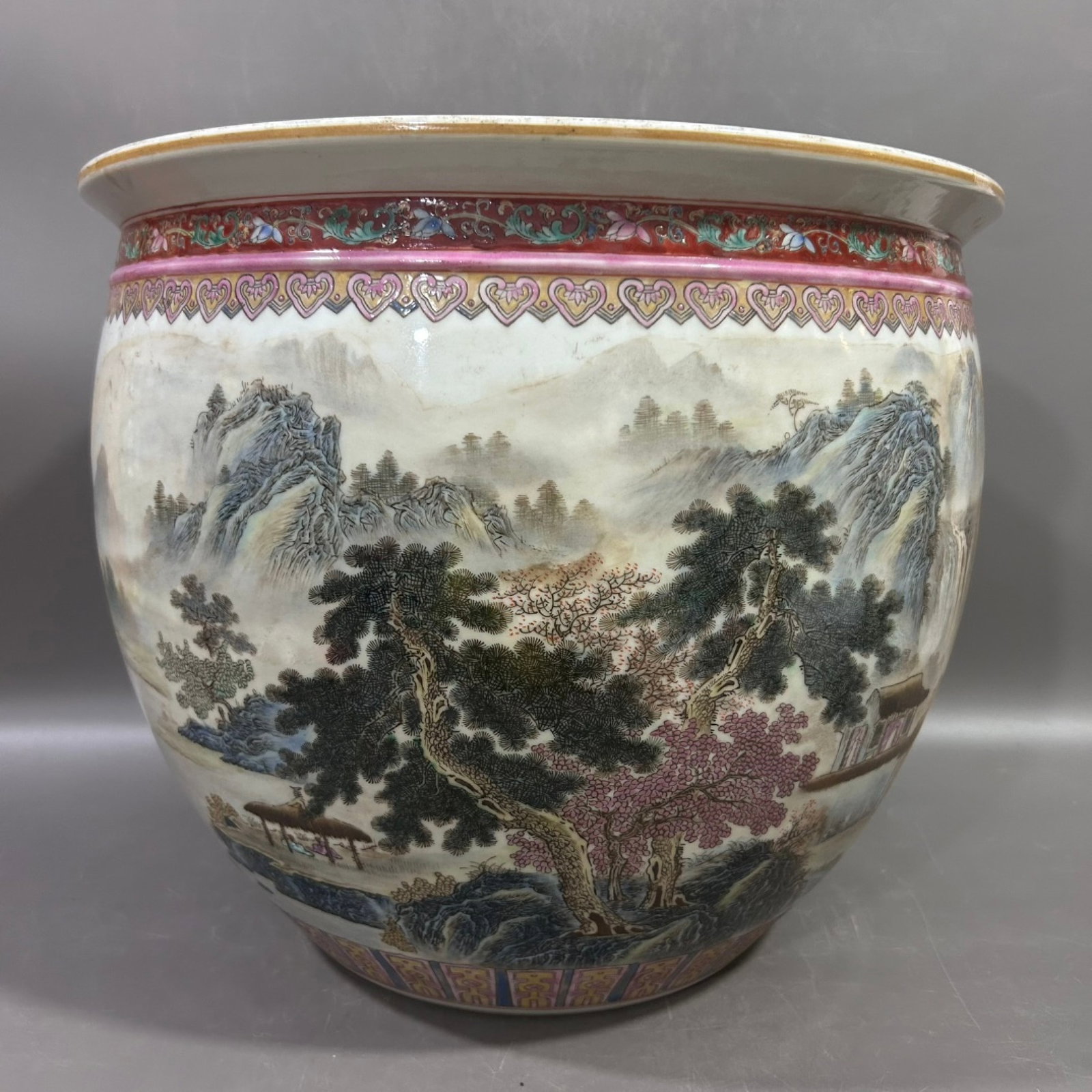 A Huge Famille-Rose Landscape and Figure Pattern Vat,With Poem: A Huge Famille-Rose Landscape and Figure Pattern Vat,With Poem,Qing Dynasty,China,Qianlong Four-character Mark,Size:16.3inx14in 粉彩山水人物纹缸,带