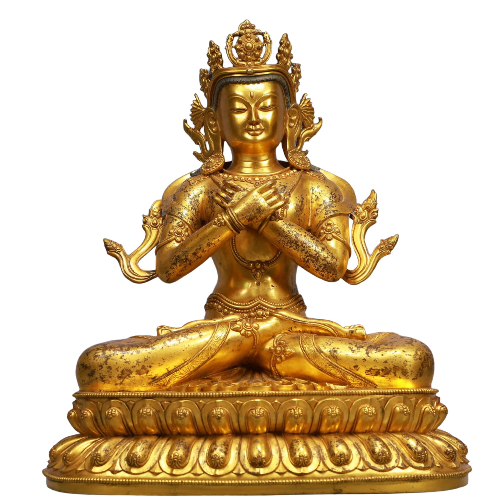 A Solemn Gilt Bronze Statue of Sakyamuni: A Solemn Gilt Bronze Statue of Sakyamuni,Qing Dynasty, China,Qianlong Mark,Size:14.2inx9.8inx18.1in,Weight:14400g 铜鎏金释迦摩尼像,中国ę