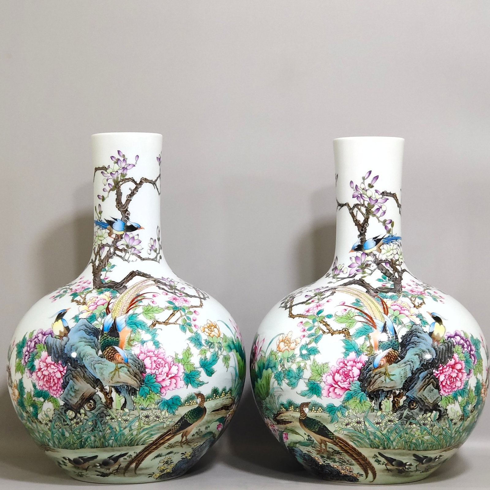 A Pair of Rare Famille-Rose Flower and Bird Pattern Vases,With Poem: A Pair of Rare Famille-Rose Flower and Bird Pattern Vases,With Poem,Qing Dynasty,China,Yongzheng Six-character Mark,Size:15inx9.8in 一对粉彩花鸟纹瓶,