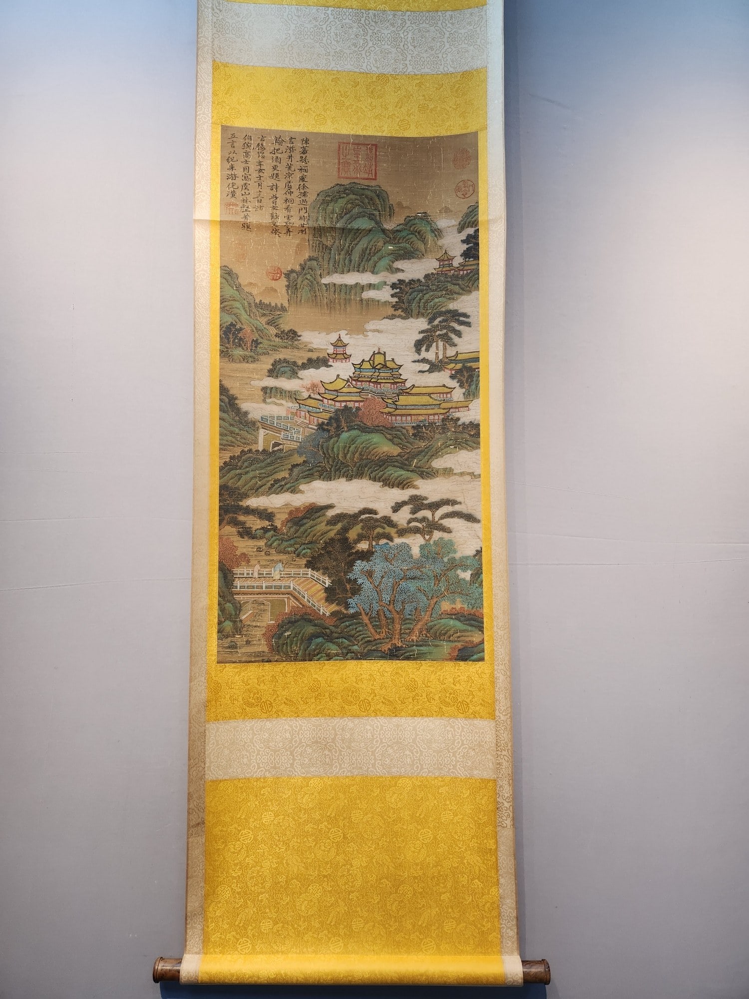 A Chinese Vertical Scroll Ink Painting of Landscape and Figure on Silk,Ni Zan: A Chinese Vertical Scroll Ink Painting of Landscape and Figure on Silk,Ni Zan,Size:(Without frame)37.4inx18.1in 一幅中国水墨绢本山水人