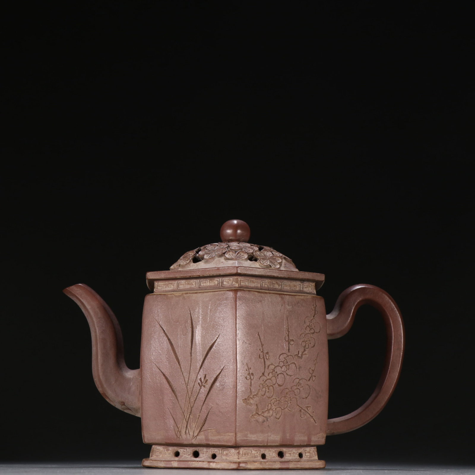 A Rare Purple Sands Plum Blossom,Orchid Bamboo and Chrysanthemum Pattern Teapot: A Rare Purple Sands Plum Blossom,Orchid Bamboo and Chrysanthemum Pattern Teapot,Qing Dynasty,China,Shao Hengyu Mark,Size:5.5inx7.5in 紫砂梅兰竹菊纹茶