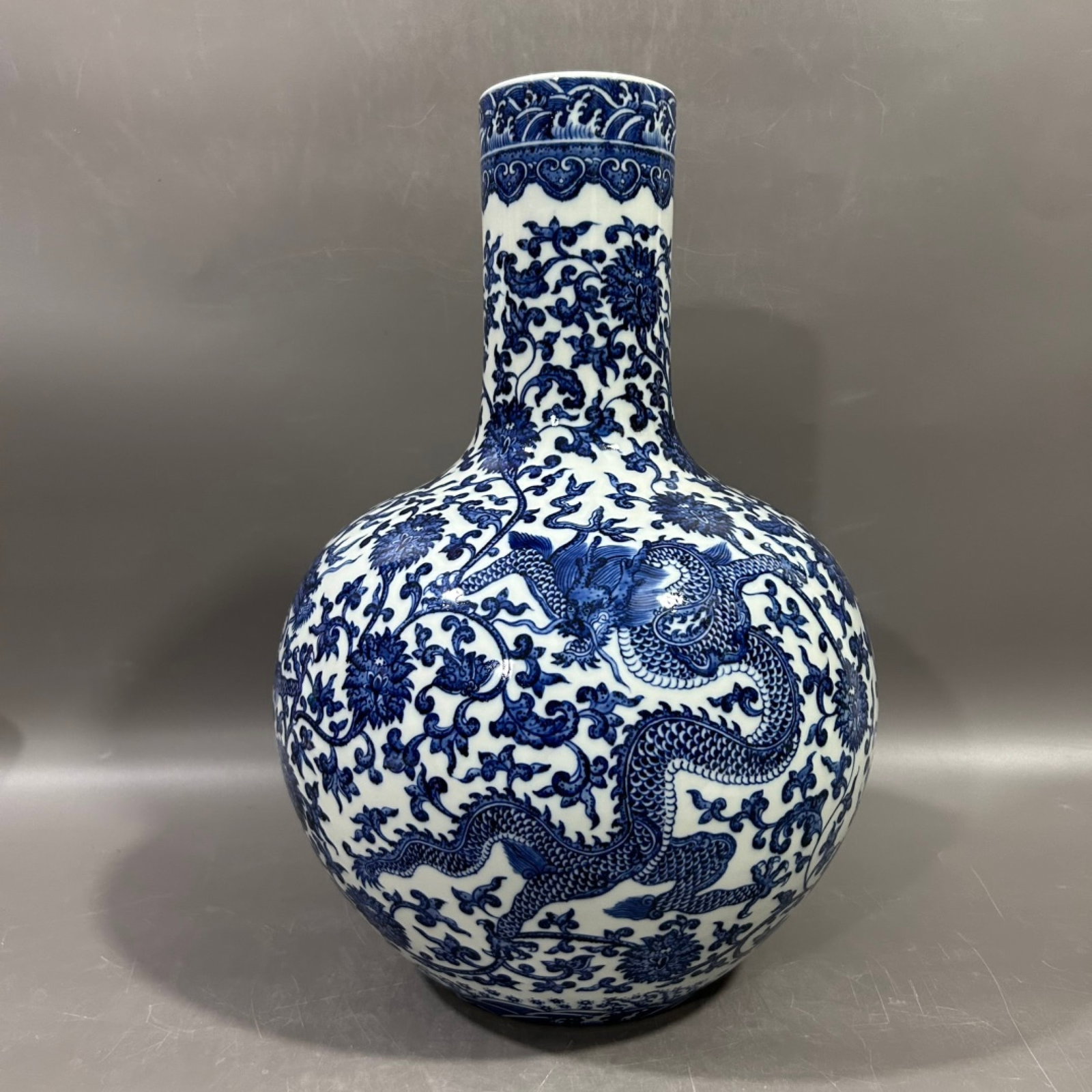 A Rare Blue and White Lotus and Dragon Pattern Vase (1 of 7)