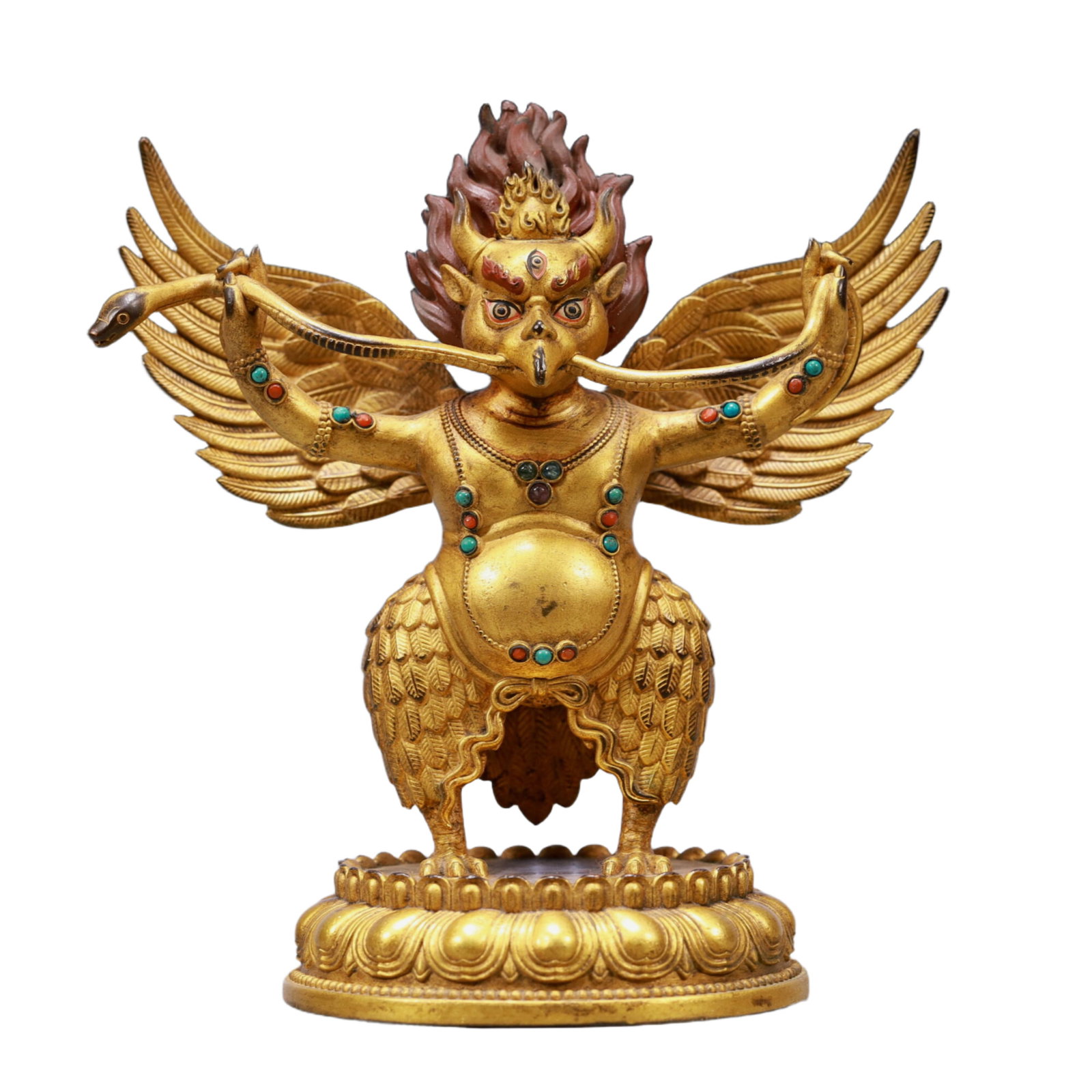 A Solemn Gilt Bronze Statue of Kakasya: A Solemn Gilt Bronze Statue of Kakasya,Qing Dynasty, China,Size:5.3inx3.1inx5.9inWeight:700g 铜鎏金大鹏鸟像,中国清代