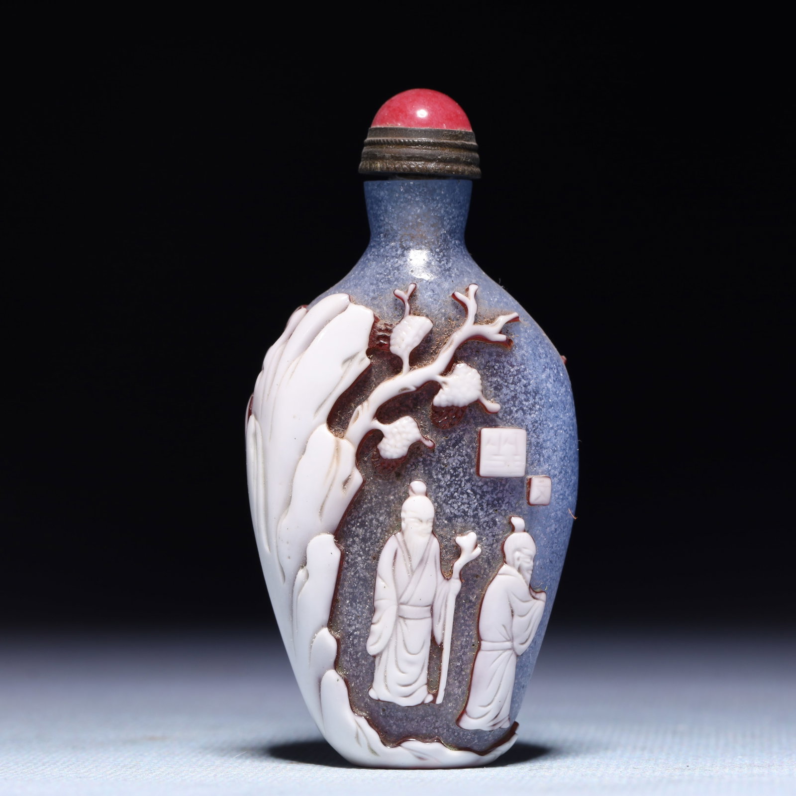 An Exquisite Glass Character and Story Pattern Snuff Bottle: An Exquisite Glass Character and Story Pattern Snuff Bottle,Qing Dynasty,China,Size:1.6inx0.8inx3.1in,Weight:49.7g 琉璃人物故事纹鼻烟壶,