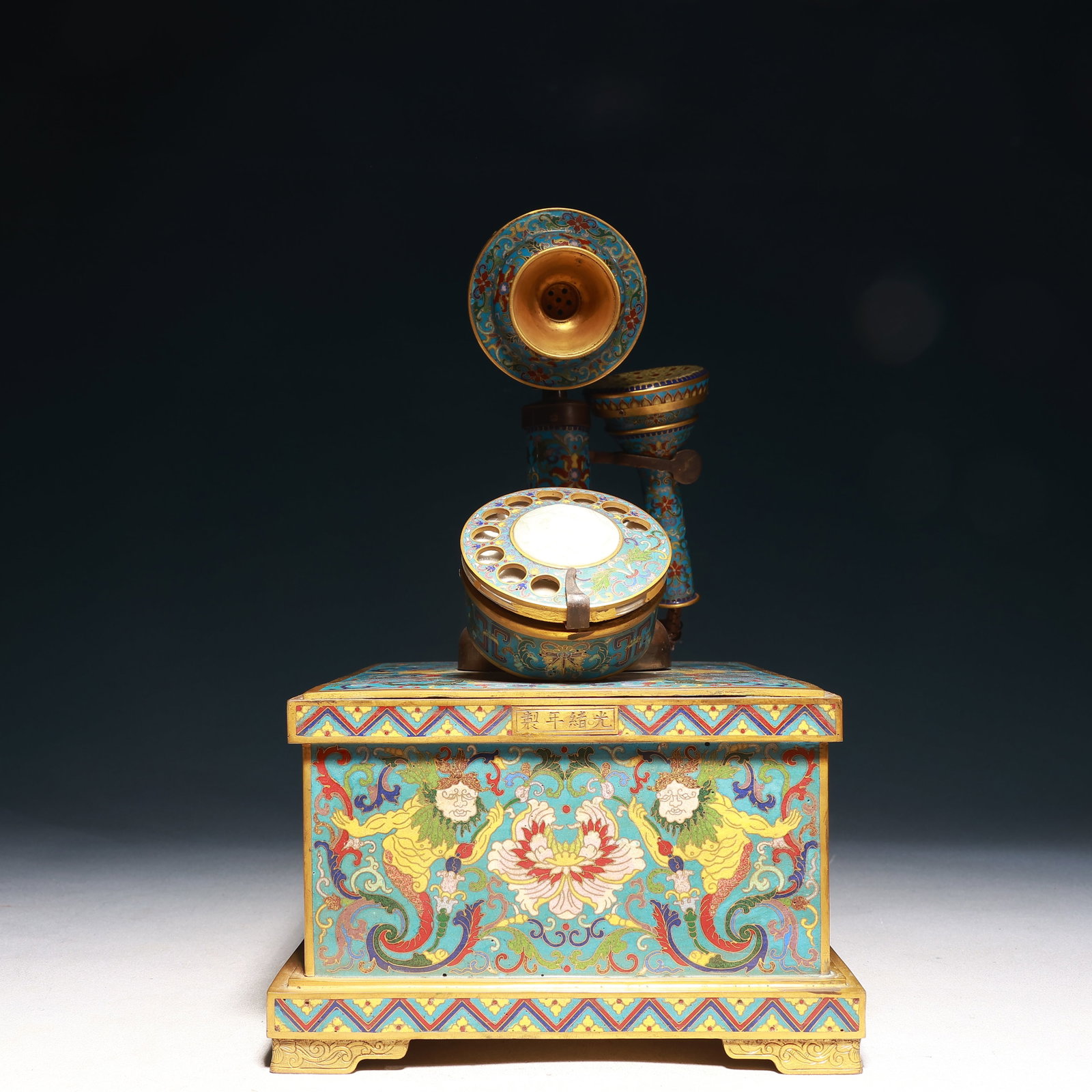 A Rare Cloisonne Inlaid White Jade Lotus and Figure Pattern Telephone Ornament: A Rare Cloisonne Inlaid White Jade Lotus and Figure Pattern Telephone Ornament,Qing Dynasty,China,Guangxu Four-character Mark,Size:9.8inx7.9inx13.6in,Weight:4750g