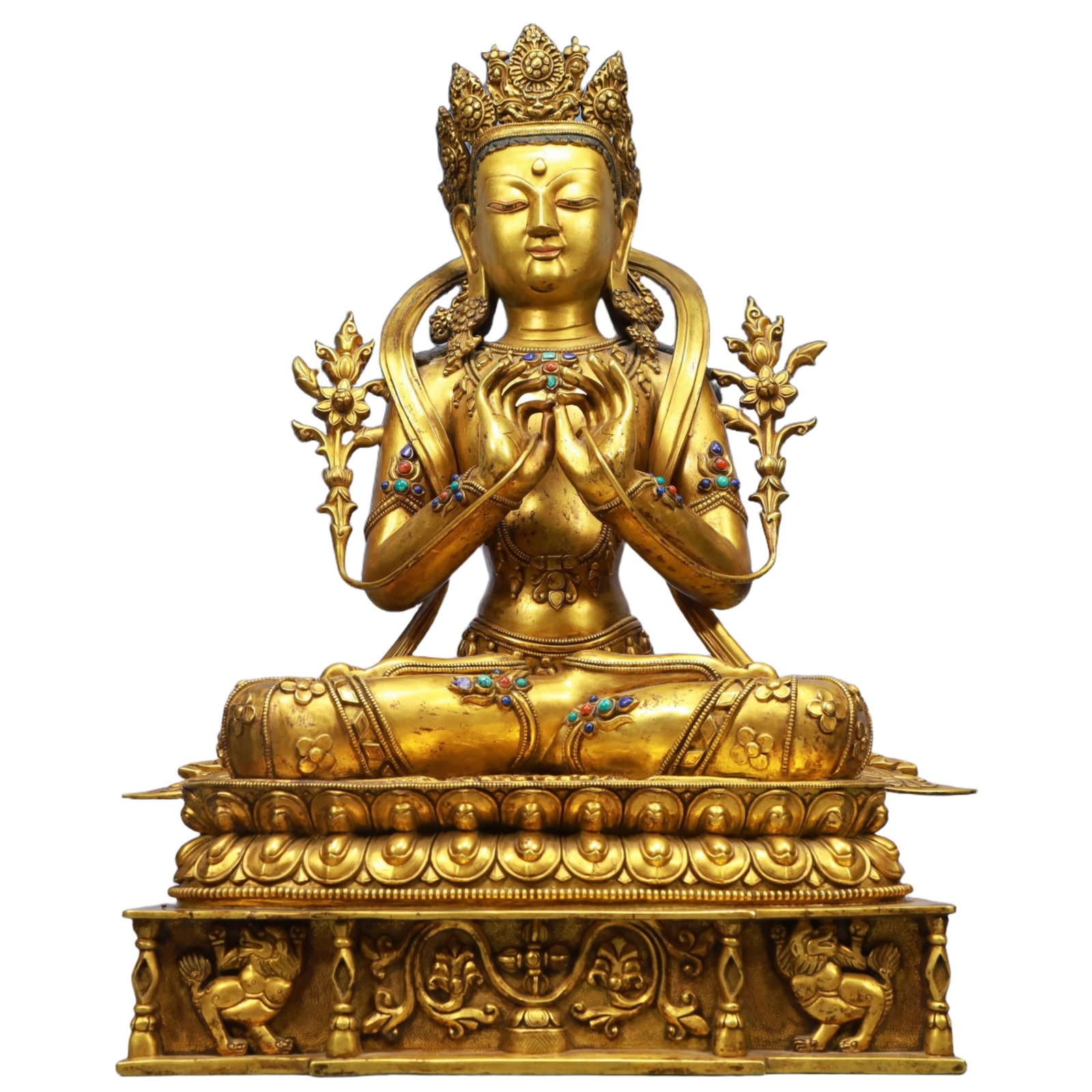 A Solemn Gilt Bronze Statue of Tara, Inlaid Gems, With Inscription: A Solemn Gilt Bronze Statue of Tara, Inlaid Gems, With Inscription,Qing Dynasty, China,Qianlong Mark,Size:13.8inx9.8inx21.3in,Weight:17450g 铜鎏金度母像,嵌