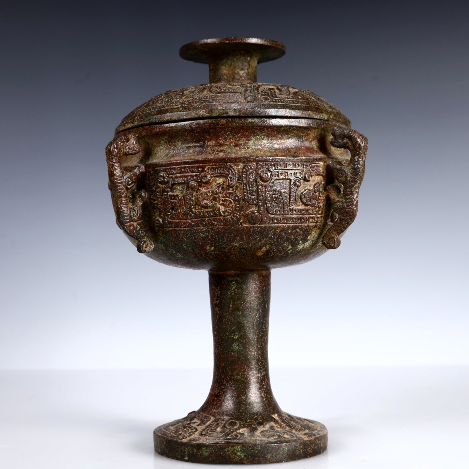 A Rare Bronze Dragon Pattern Double-Ears Cover Jar - 4