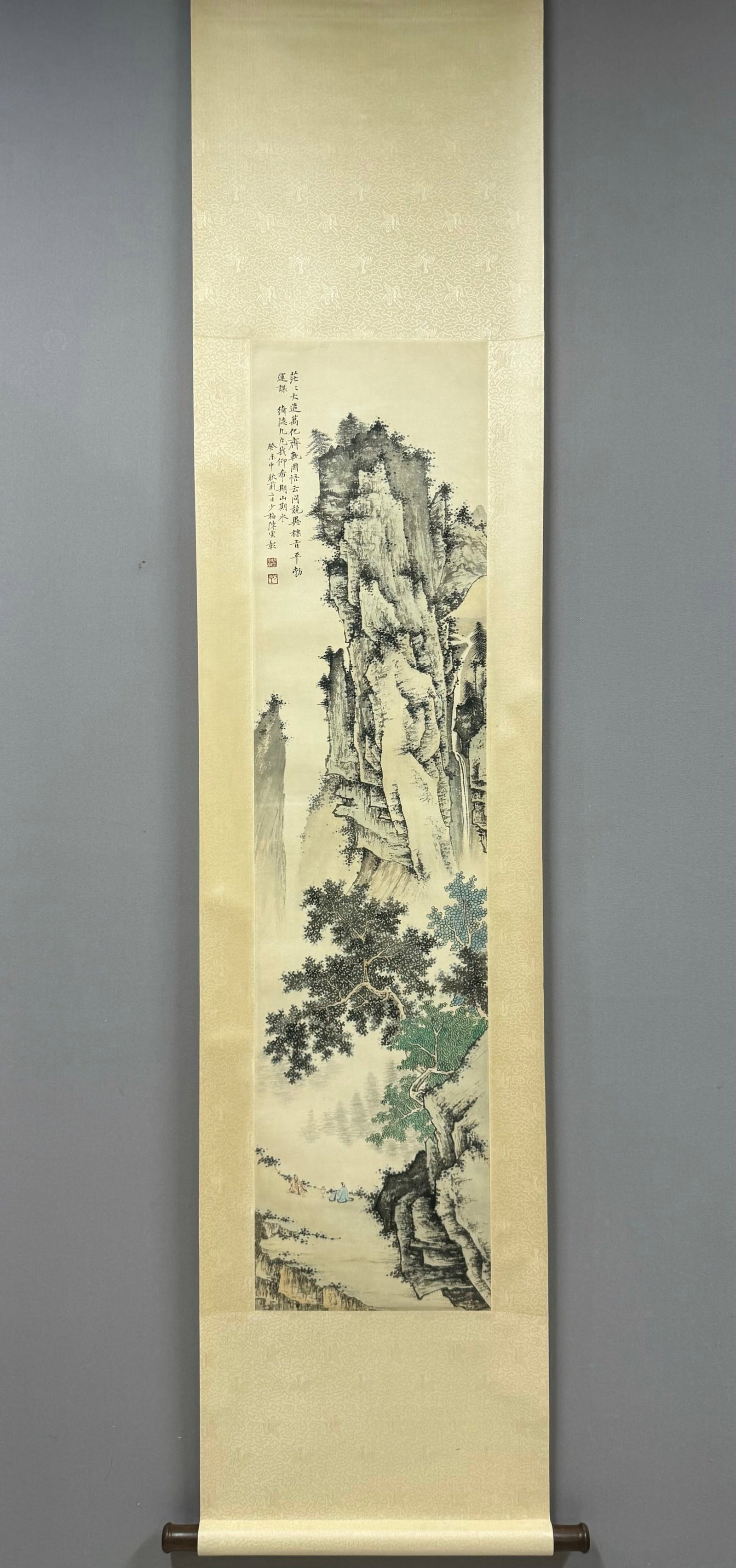 A Chinese Vertical Scroll Ink Painting of Landscape and Figure on Paper,Chen Shaomei: A Chinese Vertical Scroll Ink Painting of Landscape and Figure on Paper,Chen Shaomei,Size:51.6inx12.6in 一幅中国水墨山水人物画立