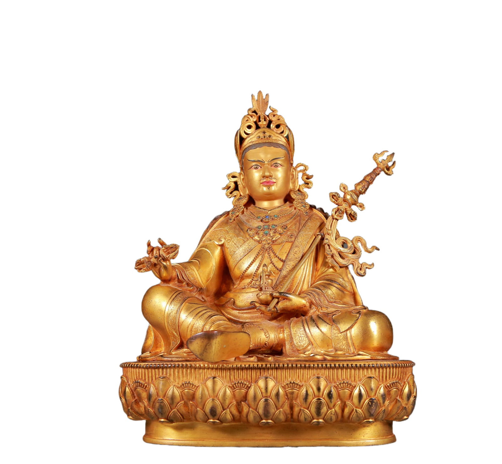 A Solemn Gilt Bronze Statue of Padma Sambhava: A Solemn Gilt Bronze Statue of Padma Sambhava,Ming Dynasty, China,Size:10.2inx7.5inx14.6in,Weight:7955g 铜鎏金莲花生大士像，明代