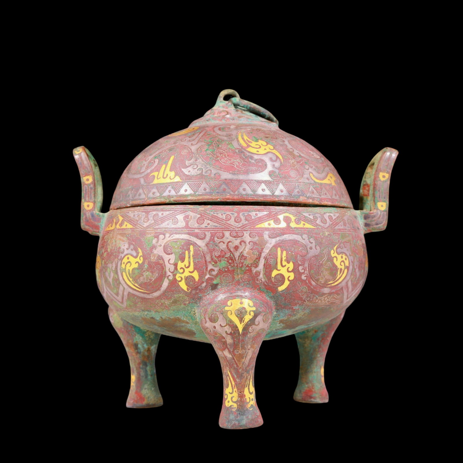 A precious bronze inlaid gold and silver tripod and two-eared stove with auspicious animal patterns: A precious bronze inlaid with gold and silver auspicious animal patterns, tripod and two-ear stove with lid and inscription, ancient times, Size: 6.7inx6.3inx6.9in, Weight: 2140g 铜嵌ŵ