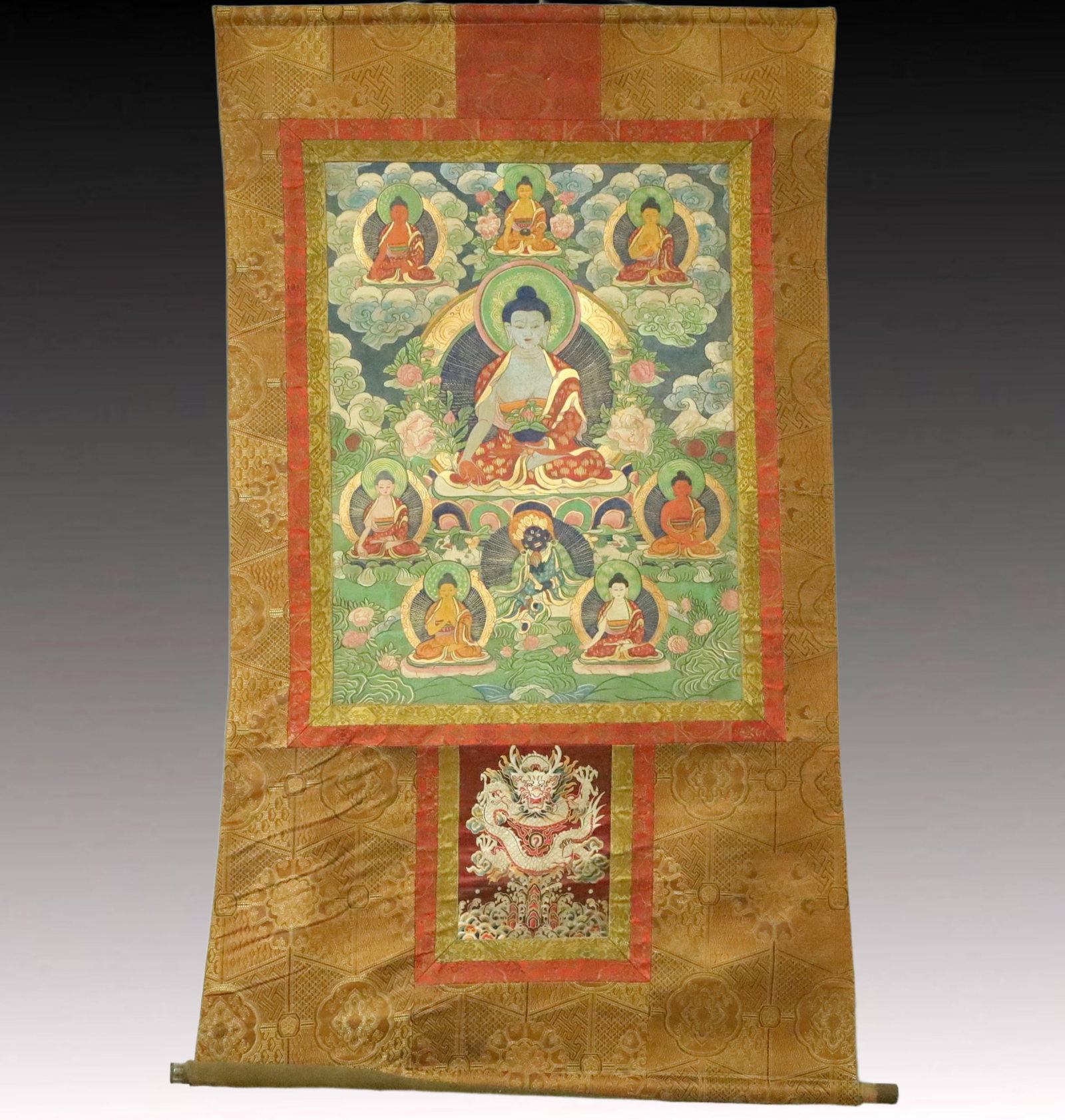 A Rare Brocade Painted Color Statue of Sakyamuni Tangka: A Rare Brocade Painted Color Statue of Sakyamuni Tangka,Qing Dynasty, China,Size:36.6inx61.4in