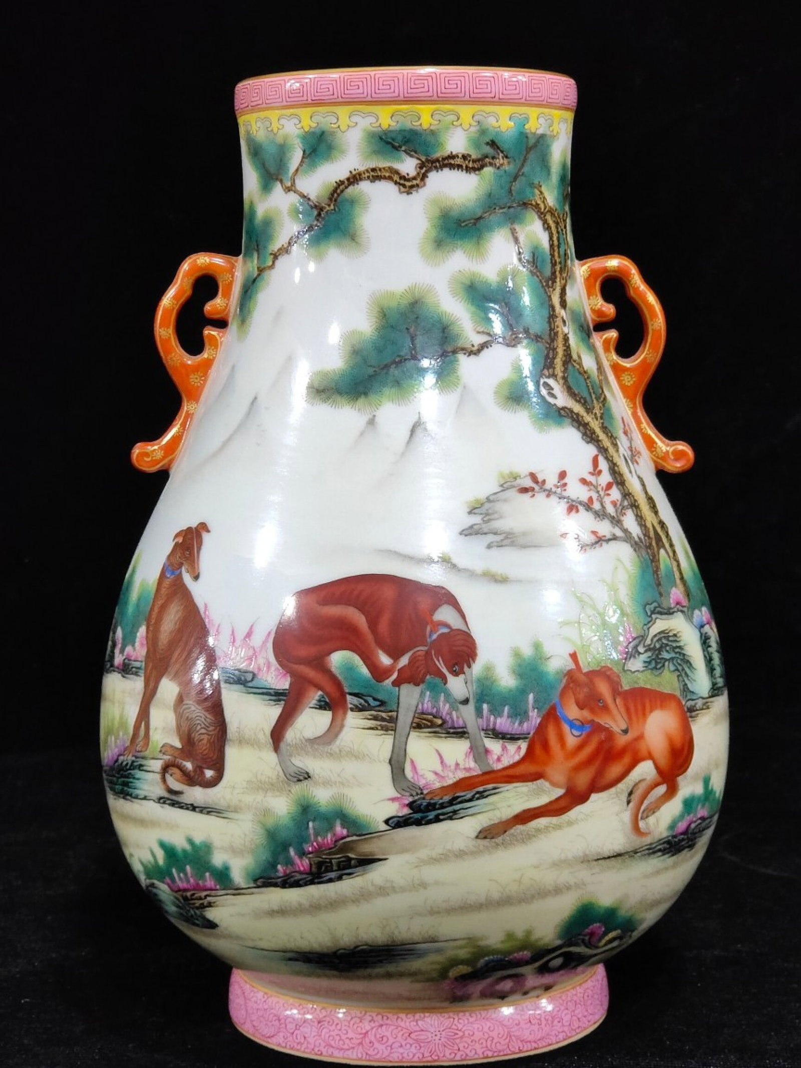 An Exquisite Famille-Rose Painted Gold Dog Pattern Double-Ears Vase,With Poem: An Exquisite Famille-Rose Painted Gold Dog Pattern Double-Ears Vase,With Poem,Qing Dynasty,China,Yongzheng Six-character Mark,Size:11.6inx7.7in 粉彩描金犬纹双