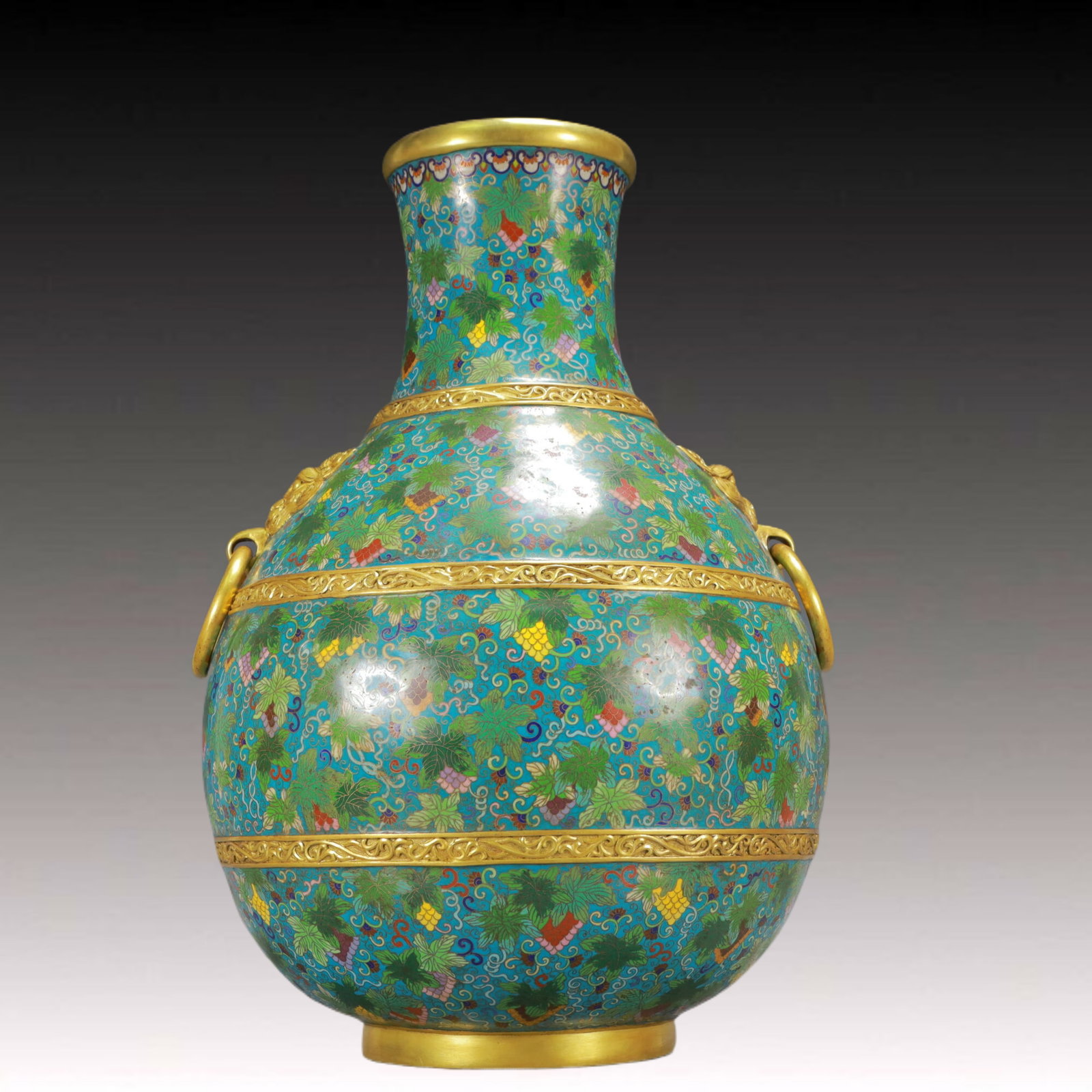 A Huge Cloisonne Grapes Pattern Double-Ears Vase: A Huge Cloisonne Grapes Pattern Double-Ears Vase,Qing Dynasty, China,Qianlong Six-character Mark,Size:14.6inx22.8in,Weight:18600g 景泰蓝葡萄纹双耳ல