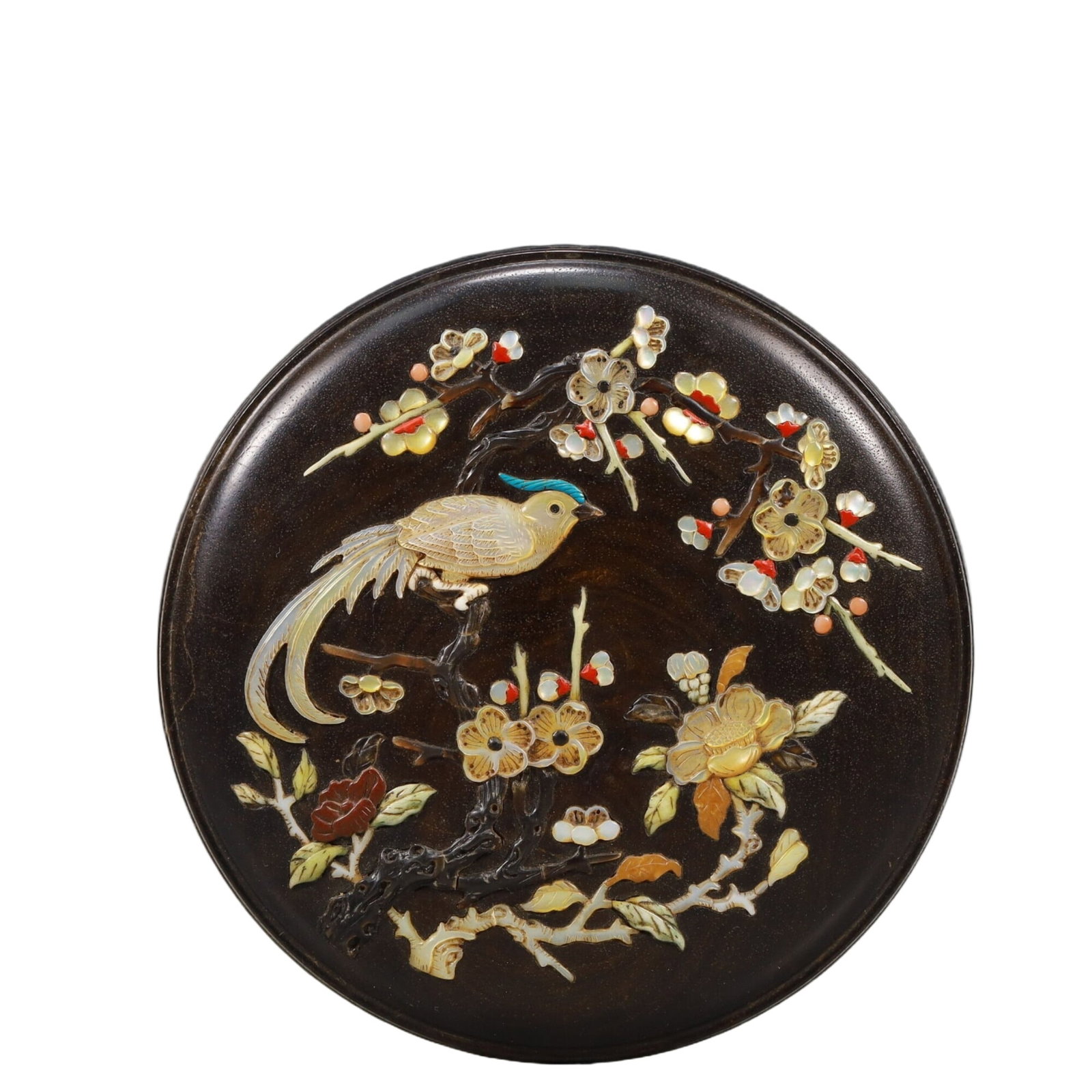 A Marvelous Zitanwood Gem-Inlaid 'Flower& Bird' Box: A Marvelous Zitanwood Gem-Inlaid 'Flower& Bird' Box. Inlaid in polychrome with a bird perched on a gnarled,leafy branch bearing flowers. Chinese Qing Dynasty. Size:4.3inx1.2in 清代 紫