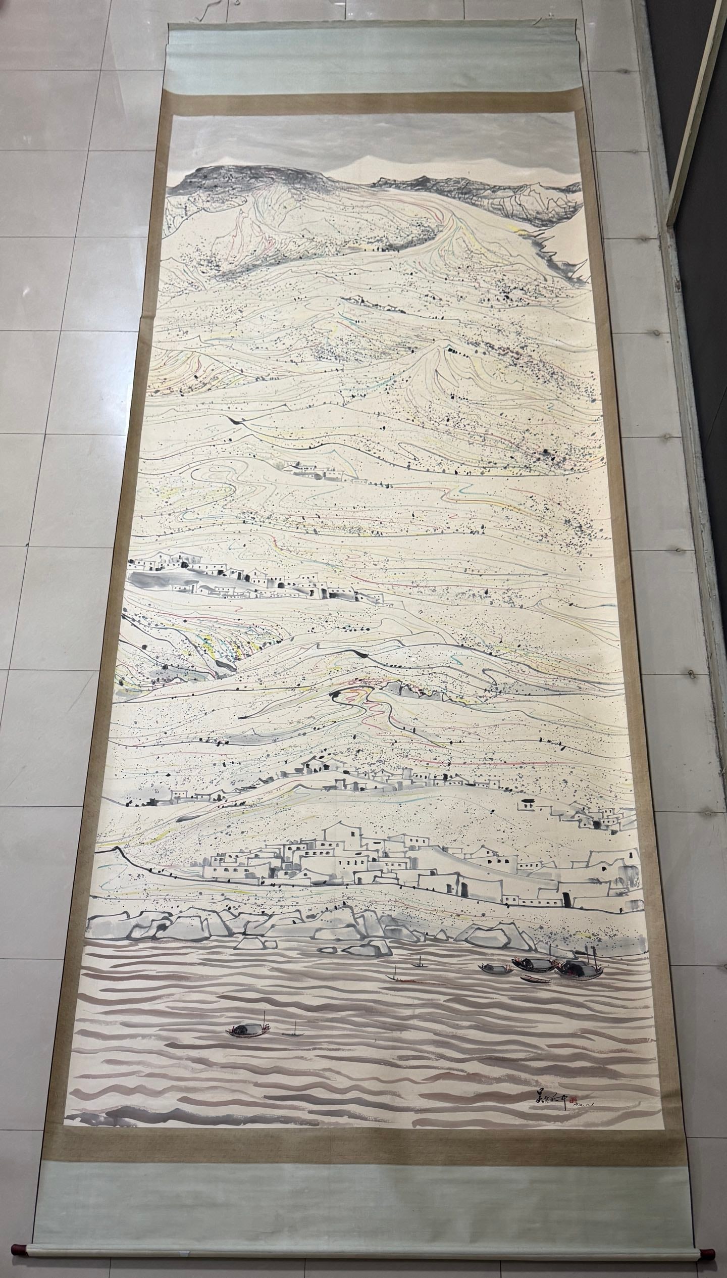 A Chinese Vertical Scroll Ink Painting of Landscape on Paper,Wu Guanzhong: A Chinese Vertical Scroll Ink Painting of Landscape on Paper,Wu Guanzhong,Size:78.7inx196.8in