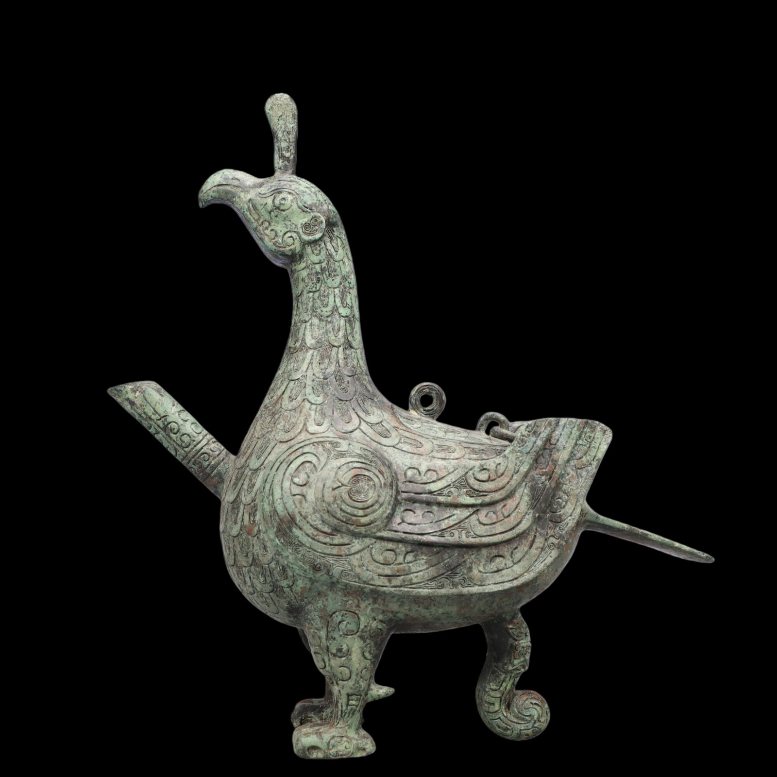 A Precious Bronze Auspicious Bird-Shaped Ewer ,With Inscription: A Precious Bronze Auspicious Bird-Shaped Ewer ,With Inscription,Ancient Time, China,Size:12.6inx4.7inx13.4in ;Weight:2950g