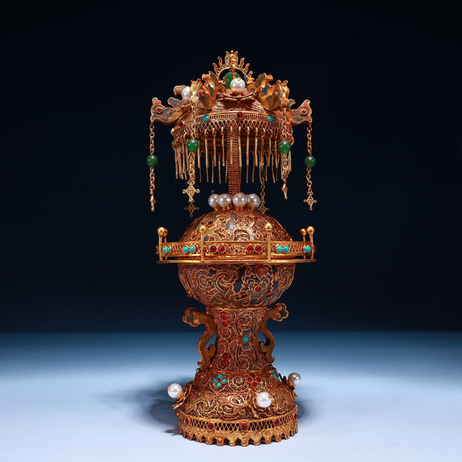 An Exquisite Filigree and Gilding Lotus Pattern Ornament,Inlaid Pearl: An Exquisite Filigree and Gilding Lotus Pattern Ornament,Inlaid Pearl,Qing Dynasty,China,Qianlong Four-character Mark,Size:5.1inx13in,Weight:1150g