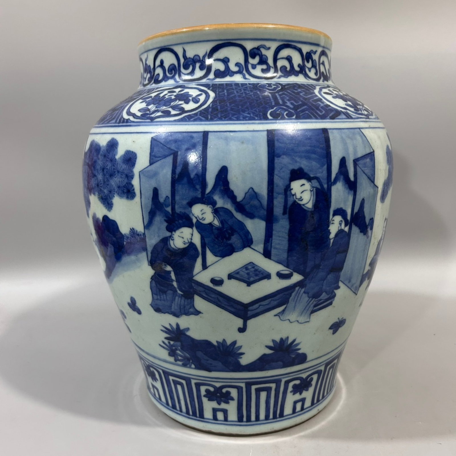 A Rare Blue and White Character and Story Pattern Jar: A Rare Blue and White Character and Story Pattern Jar,Qing Dynasty,China,Size:7.9inx12.2in 青花人物故事纹罐,中国清代