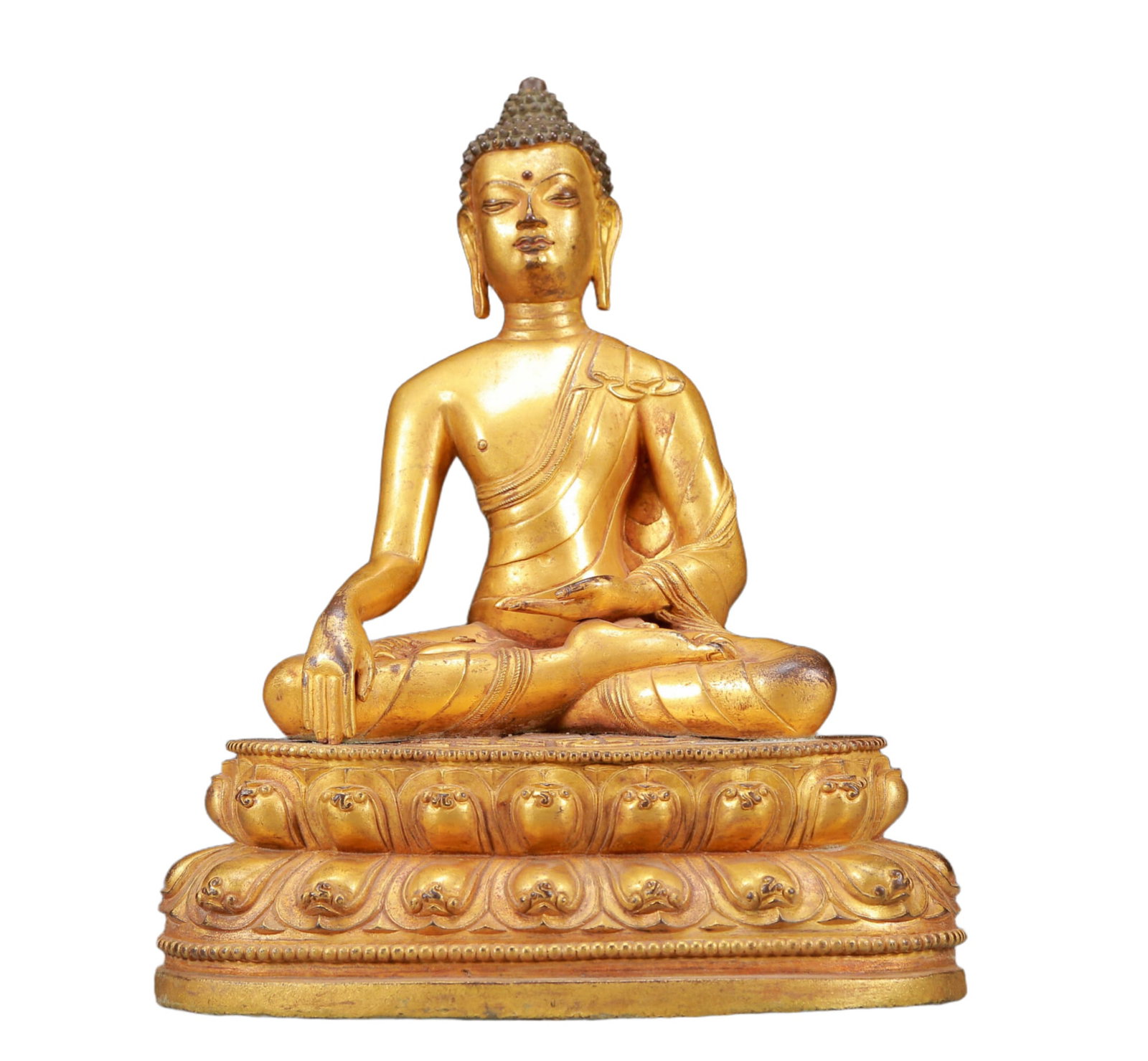 A Solemn Gilt Bronze Statue of Sakyamuni: A Solemn Gilt Bronze Statue of Sakyamuni,Ming Dynasty, China,Size:9.1inx5.5inx12.2in,Weight:4950g 铜鎏金释迦摩尼像，明代