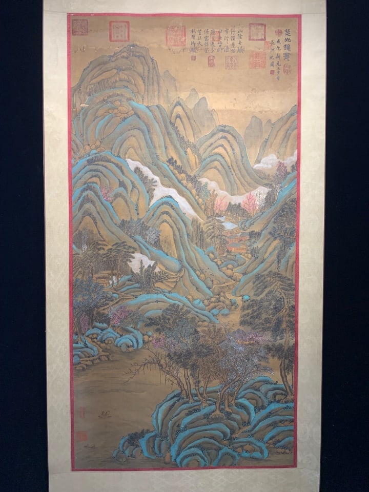 A Chinese Vertical Scroll Ink Painting of Landscape on Silk,Shen Zhou: A Chinese Vertical Scroll Ink Painting of Landscape on Silk,Shen Zhou,Size:(Without frame)66.9inx33.1in