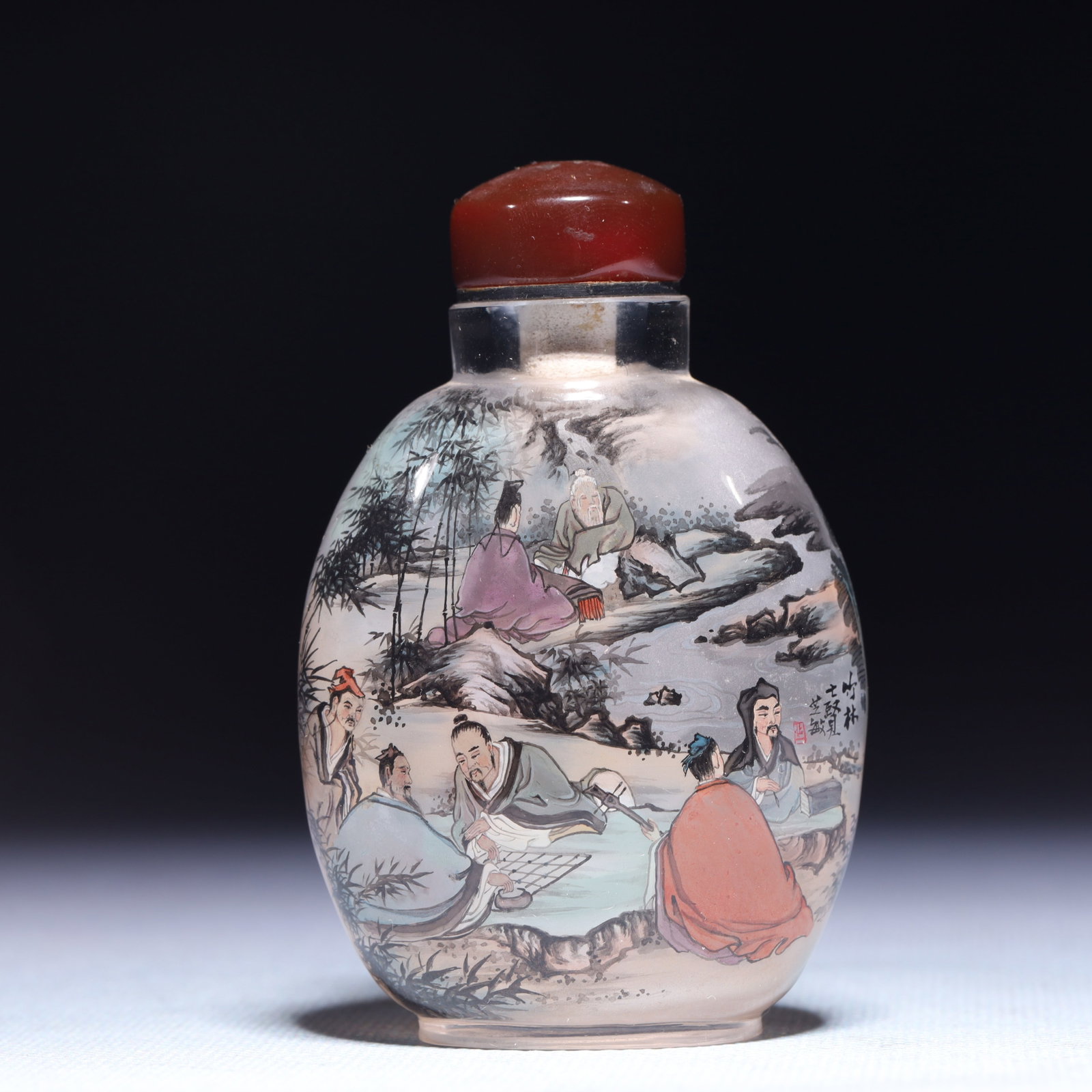 An Exquisite Glass Character and Story Pattern Snuff Bottle: An Exquisite Glass Character and Story Pattern Snuff Bottle,Qing Dynasty,China,Size:2.2inx1.2inx3.1in,Weight:71.8g