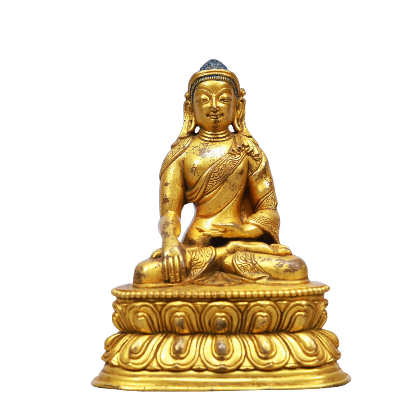 A Solemn Gilt Bronze Statue of Amitayus: A Solemn Gilt Bronze Statue of Amitayus,Qing Dynasty, China,Size:3.9inx2.8inx5.5in,Weight:850g 铜鎏金无量寿佛像,中国清代