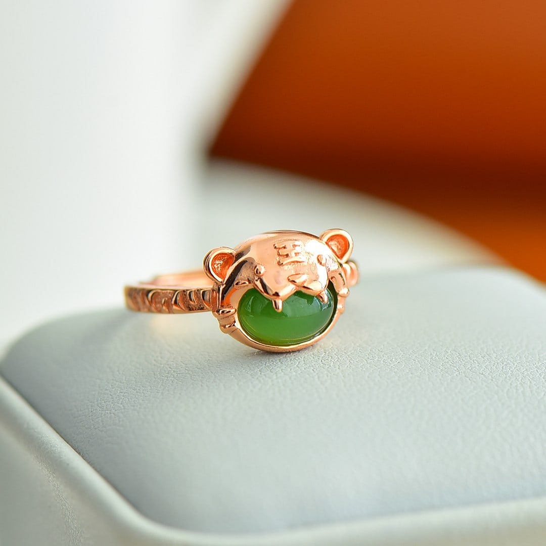 An Exquisite Sterling Silver Inlaid Jasper Tiger Pattern Ring - 2