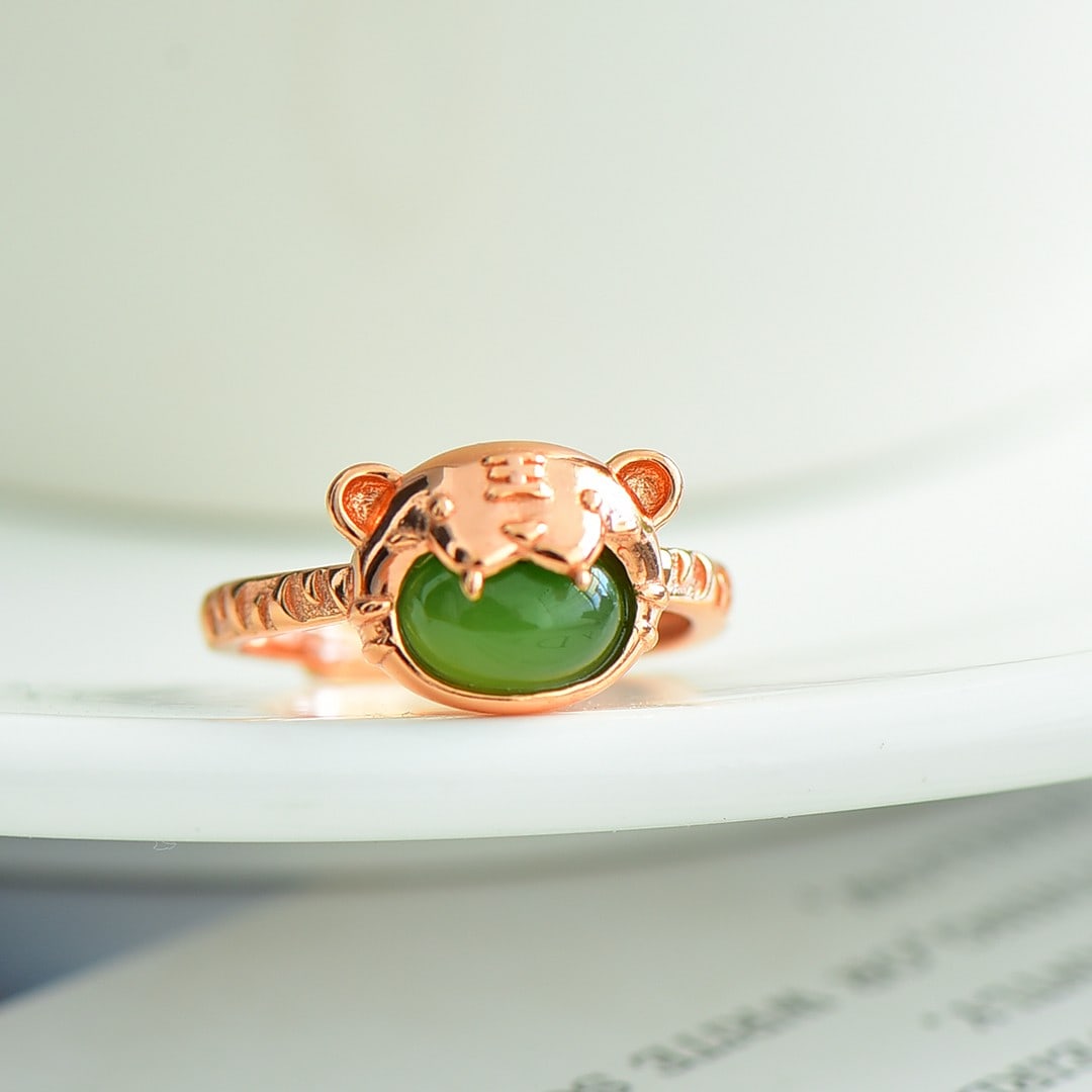 An Exquisite Sterling Silver Inlaid Jasper Tiger Pattern Ring - 3