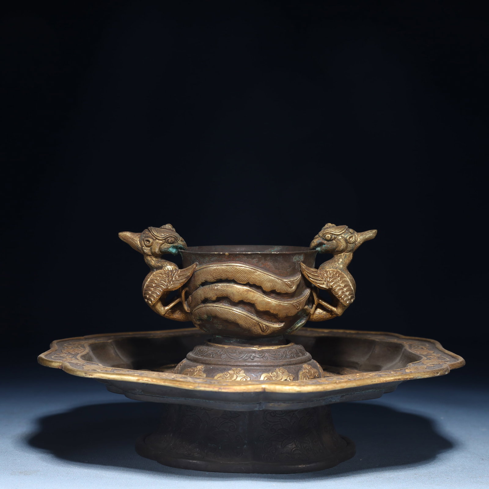 An Exquisite Silver-Gilt Bronze Phoenix Pattern Cup,with Plate - 2