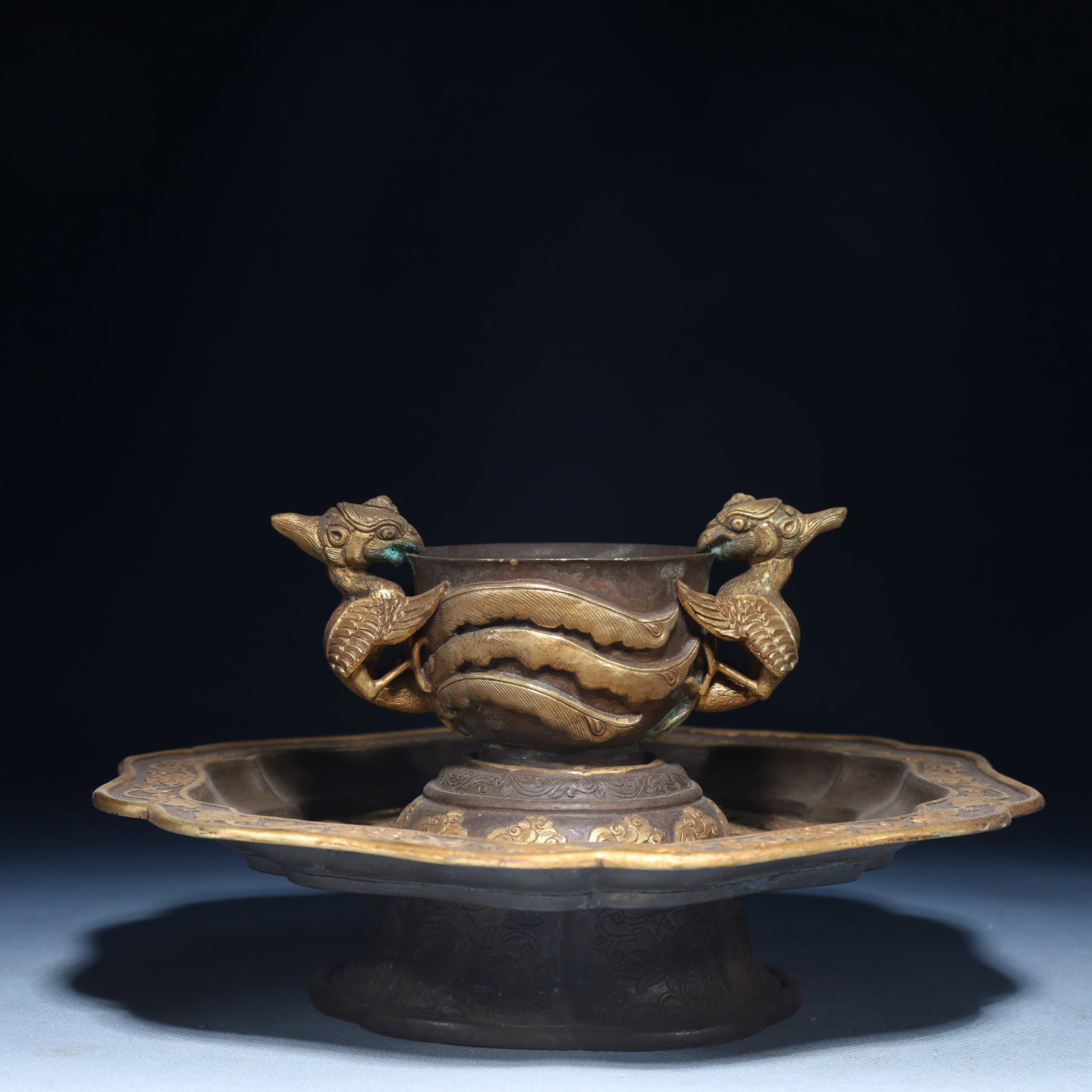 An Exquisite Silver-Gilt Bronze Phoenix Pattern Cup,with Plate - 3