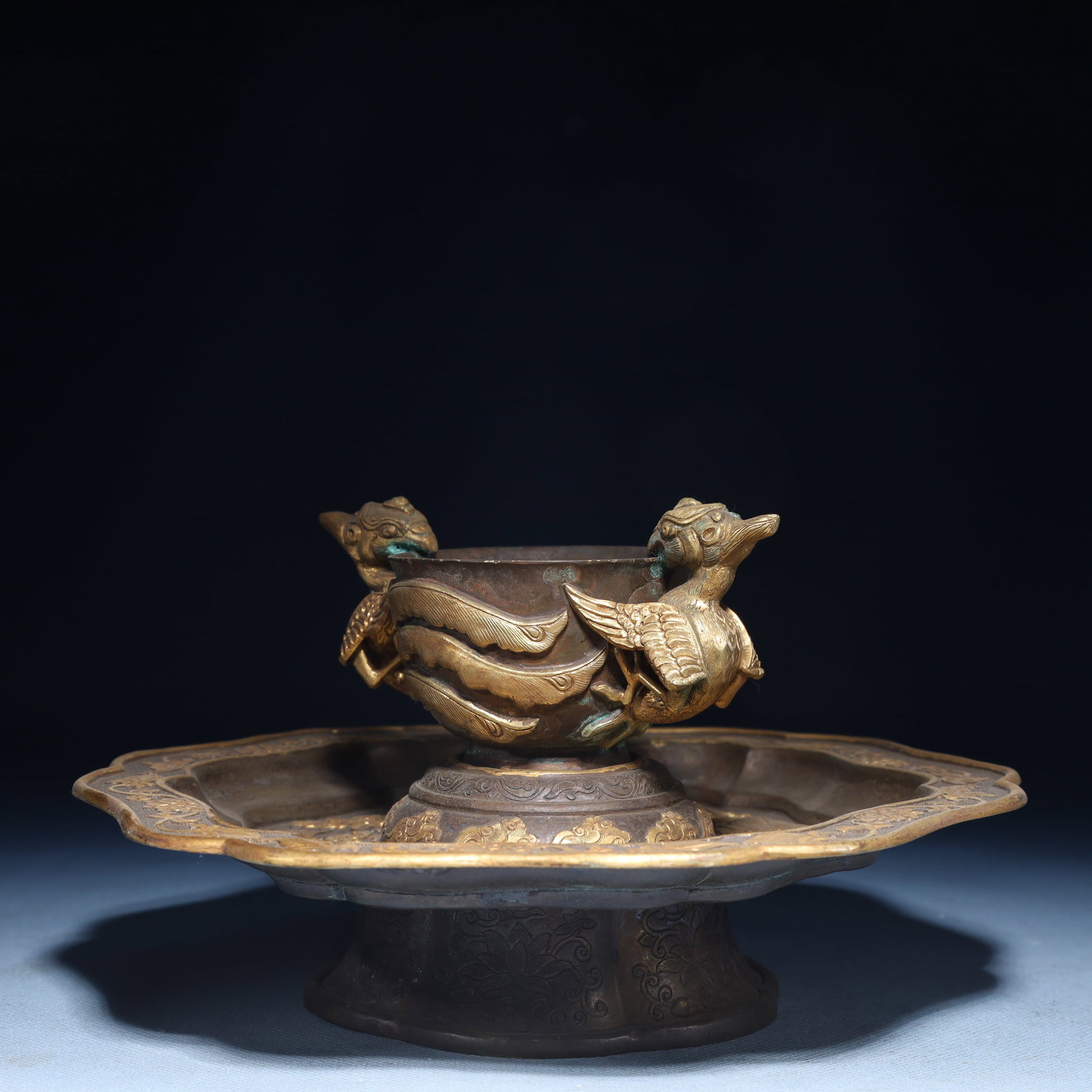 An Exquisite Silver-Gilt Bronze Phoenix Pattern Cup,with Plate - 4