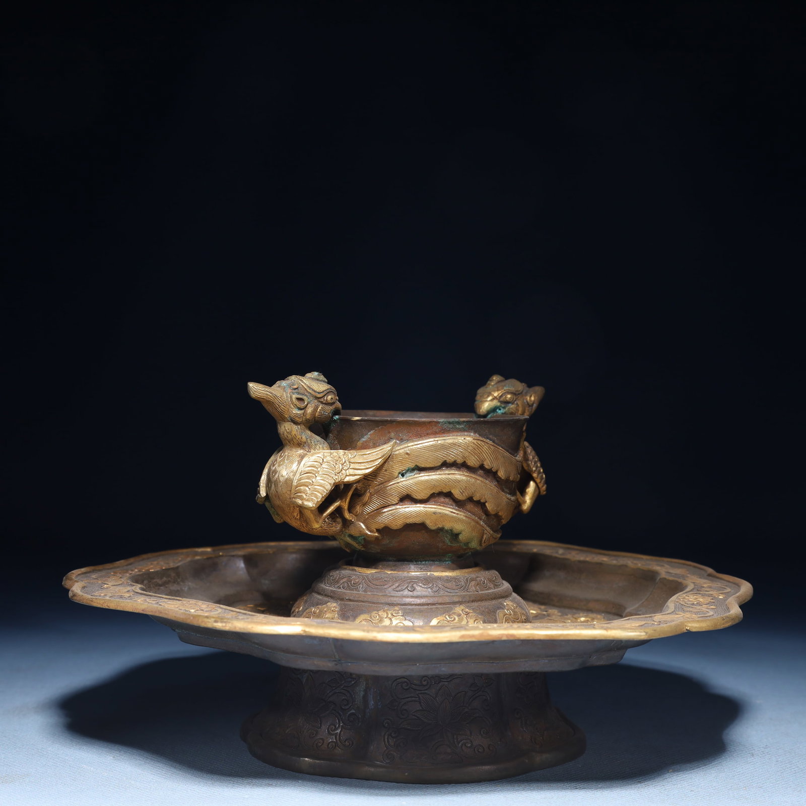 An Exquisite Silver-Gilt Bronze Phoenix Pattern Cup,with Plate - 6