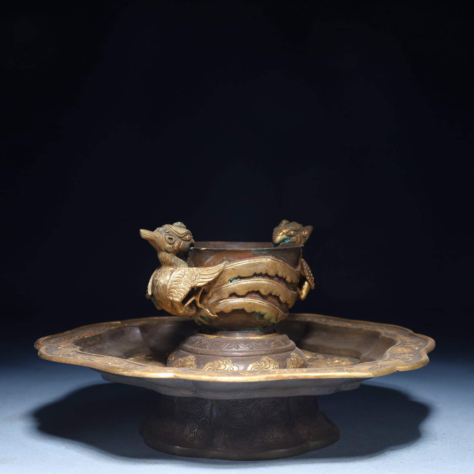 An Exquisite Silver-Gilt Bronze Phoenix Pattern Cup,with Plate - 7