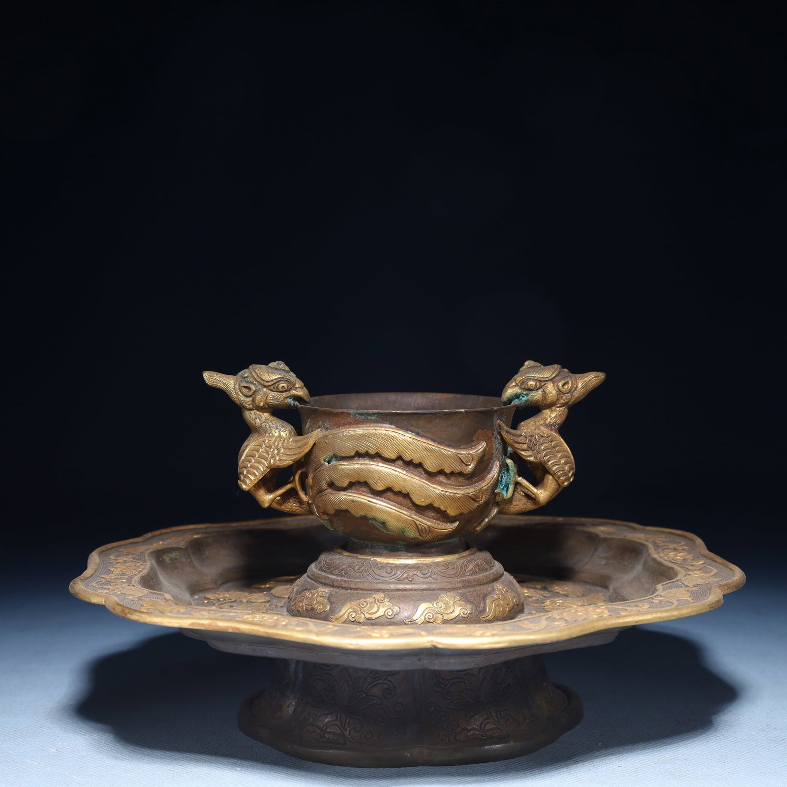 An Exquisite Silver-Gilt Bronze Phoenix Pattern Cup,with Plate - 8