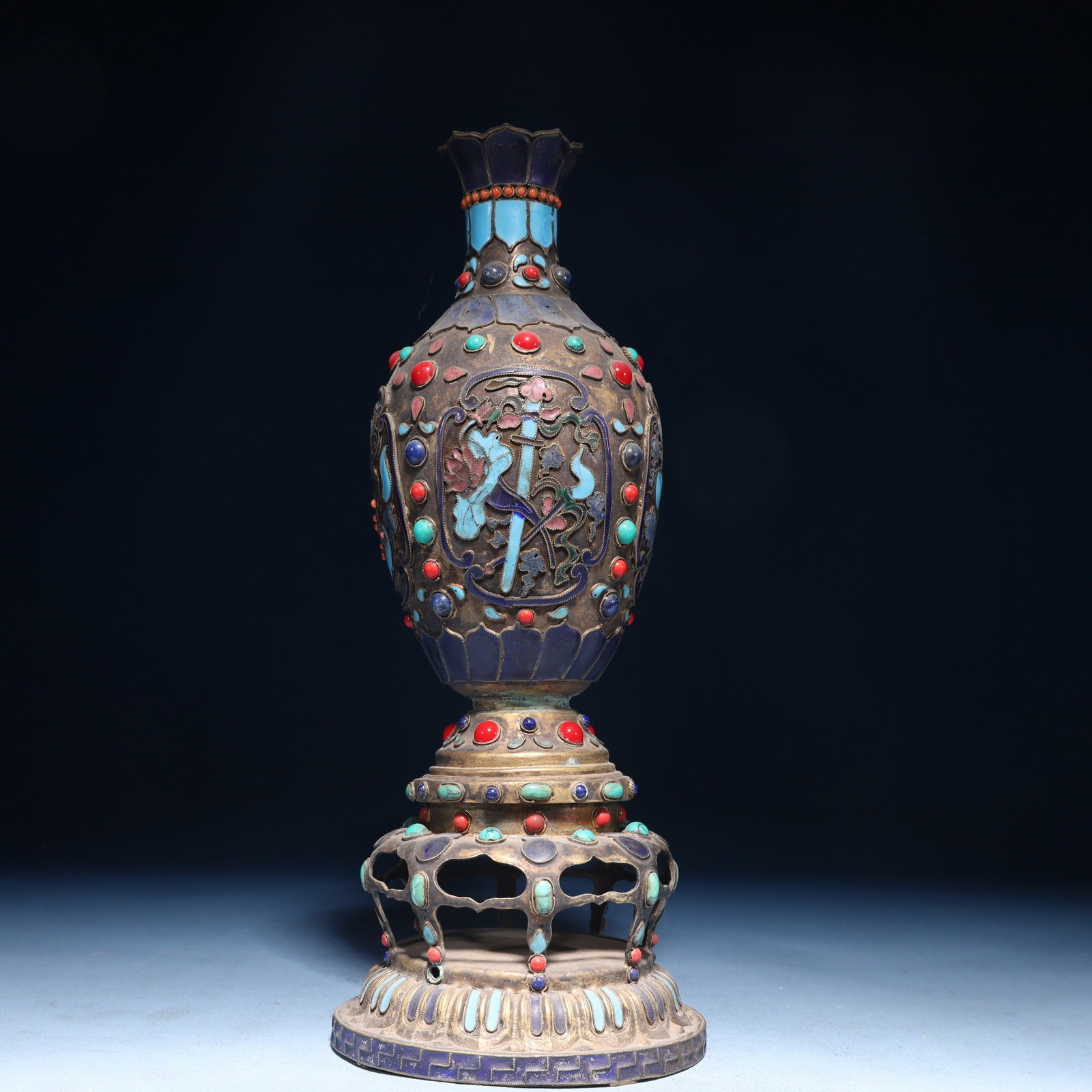 An Exquisite Silver Bronze Eight Treasures Pattern Vase,Inlaid Gems: An Exquisite Silver Bronze Eight Treasures Pattern Vase,Inlaid Gems,Qing Dynasty,China,Size:4.7inx12.2in,Weight:1050g 铜鎏银八宝纹瓶,嵌百宝,