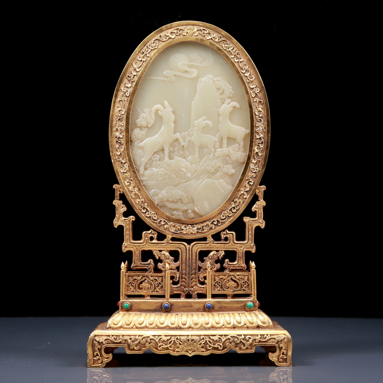 An Exquisite Gilt-Bronze Inlaid White Jade Landscape and Animals Pattern Table Screen (1 of 9)