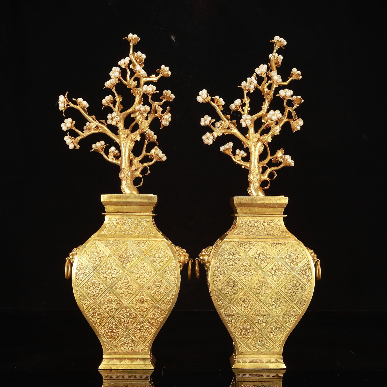 A Pair of Huge Gilt Bronze Flower Pattern Beast-Ears Vases, Inlaid Pearl: A Pair of Huge Gilt Bronze Flower Pattern Beast-Ears Vases, Inlaid Pearl,Qing Dynasty, China,Qianlong Four-character Mark,Size:7.5inx4.3inx19.3in,Weight:6050g