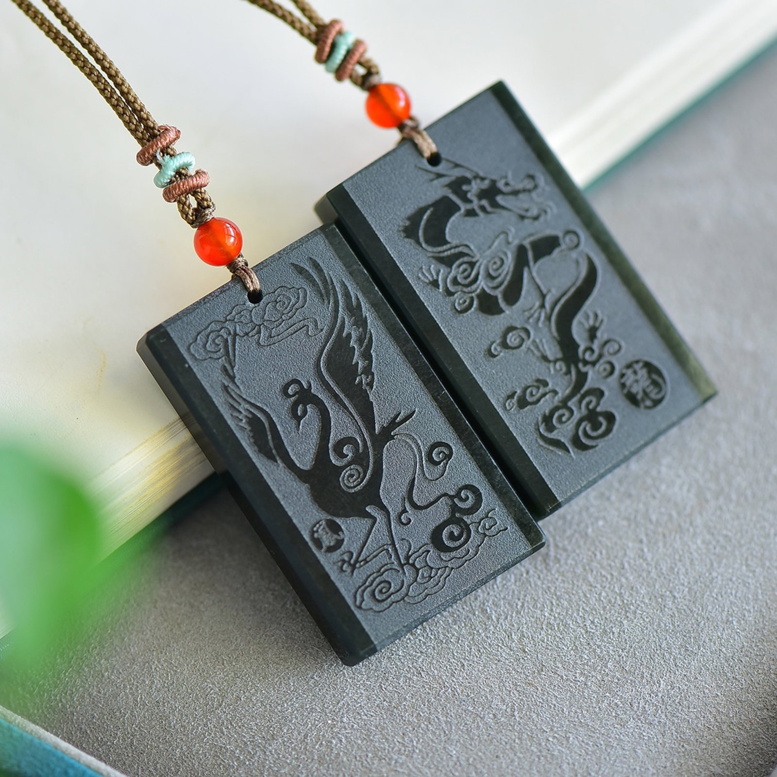A Pair of Exquisite Sapphire Dragon and Phoenix Pattern Pendants: A Pair of Exquisite Sapphire Dragon and Phoenix Pattern Pendant,Size:50mmx30mmx7mm