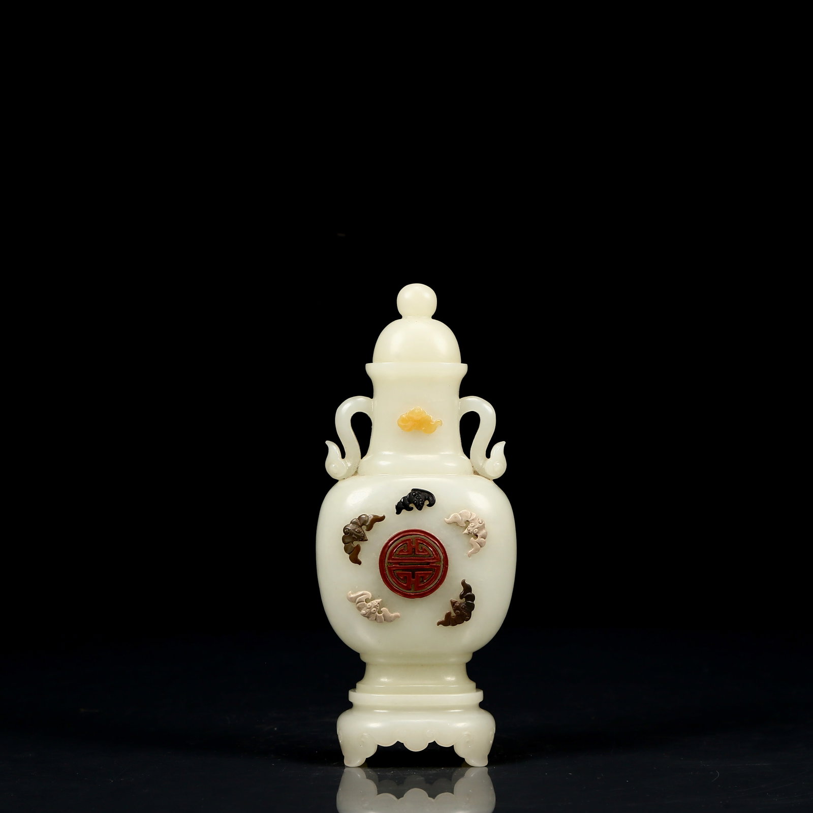 An Exquisite White Jade Inlaid Gems Bats Pattern Double-Ears Bottle: An Exquisite White Jade Inlaid Gems Bats Pattern Double-Ears Bottle,Qing Dynasty, China,Qianlong Four-character Mark,Size:2.8inx1.6inx6.9in,Weight:230g 白玉嵌百宝福