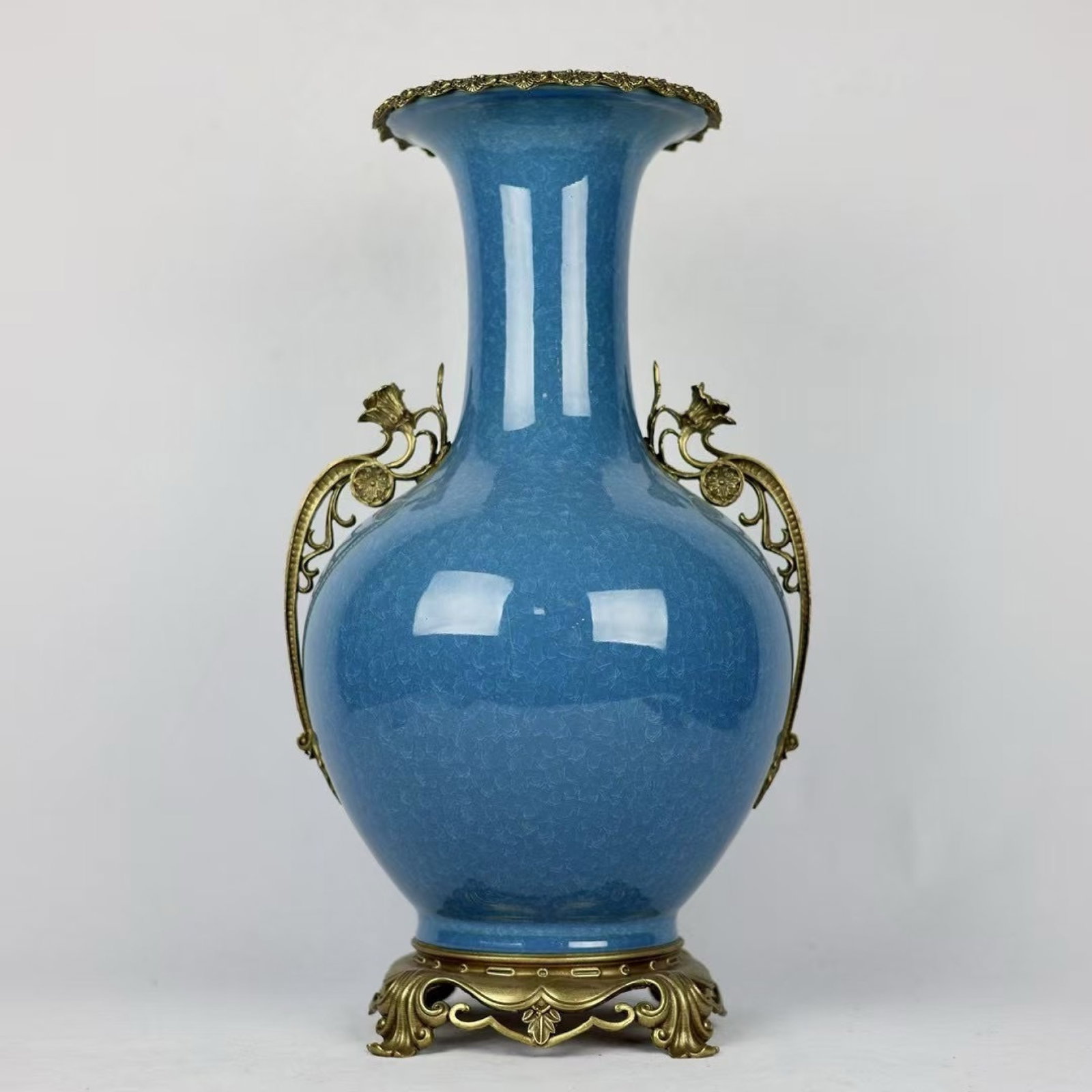 A Huge Blue Glazed Inlaid Bronze Double-Ears Vase: A Huge Blue Glazed Inlaid Bronze Double-Ears Vase,Qing Dynasty,China,Size:20.1inx11.4in 蓝釉镶铜双耳瓶,中国清代