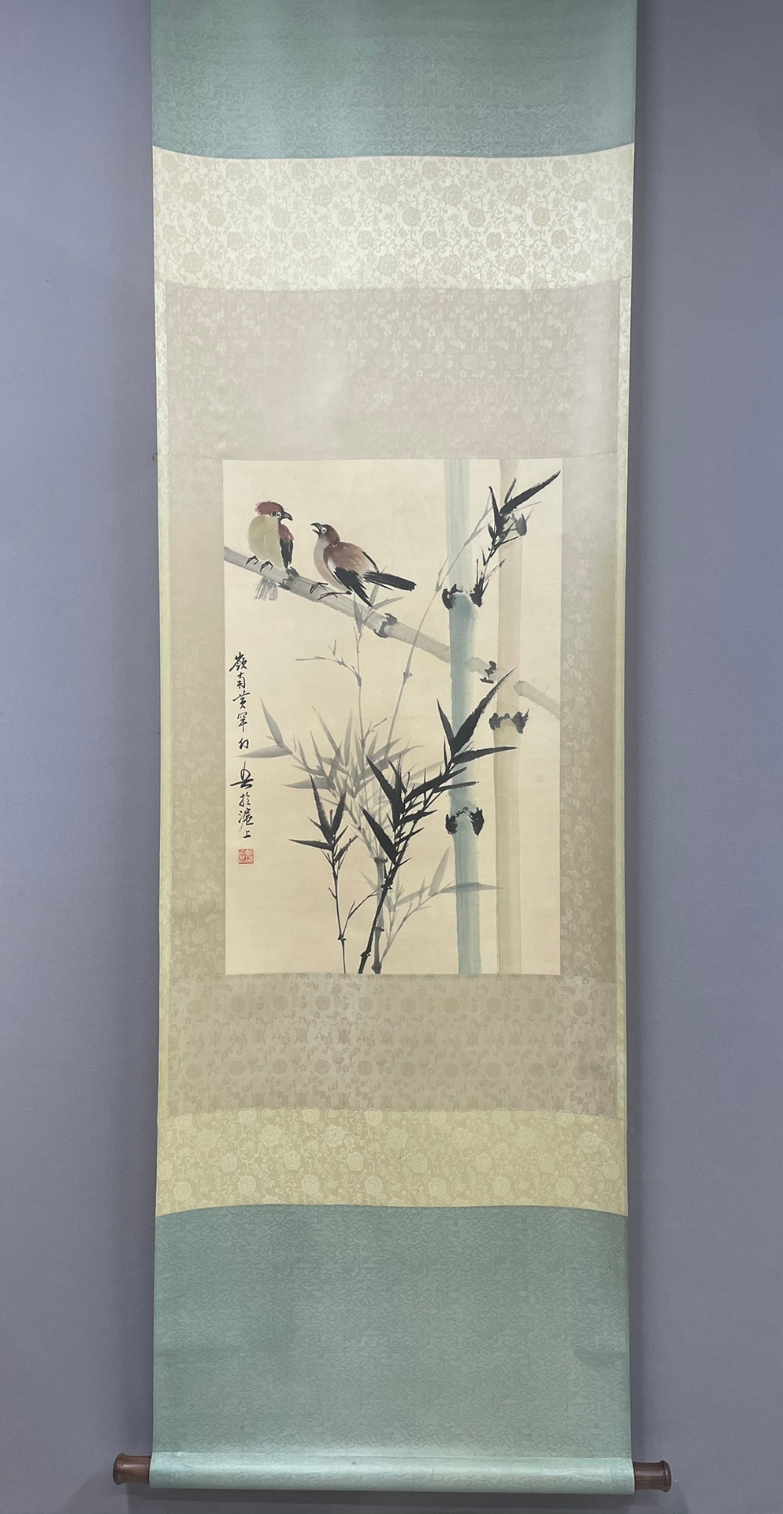 A Chinese Vertical Scroll Ink Painting of Bamboo and Bird on Paper,Huang Huanwu: A Chinese Vertical Scroll Ink Painting of Bamboo and Bird on Paper,Huang Huanwu,Size:26.8inx17.5in 一幅中国水墨竹鸟图立轴,黄