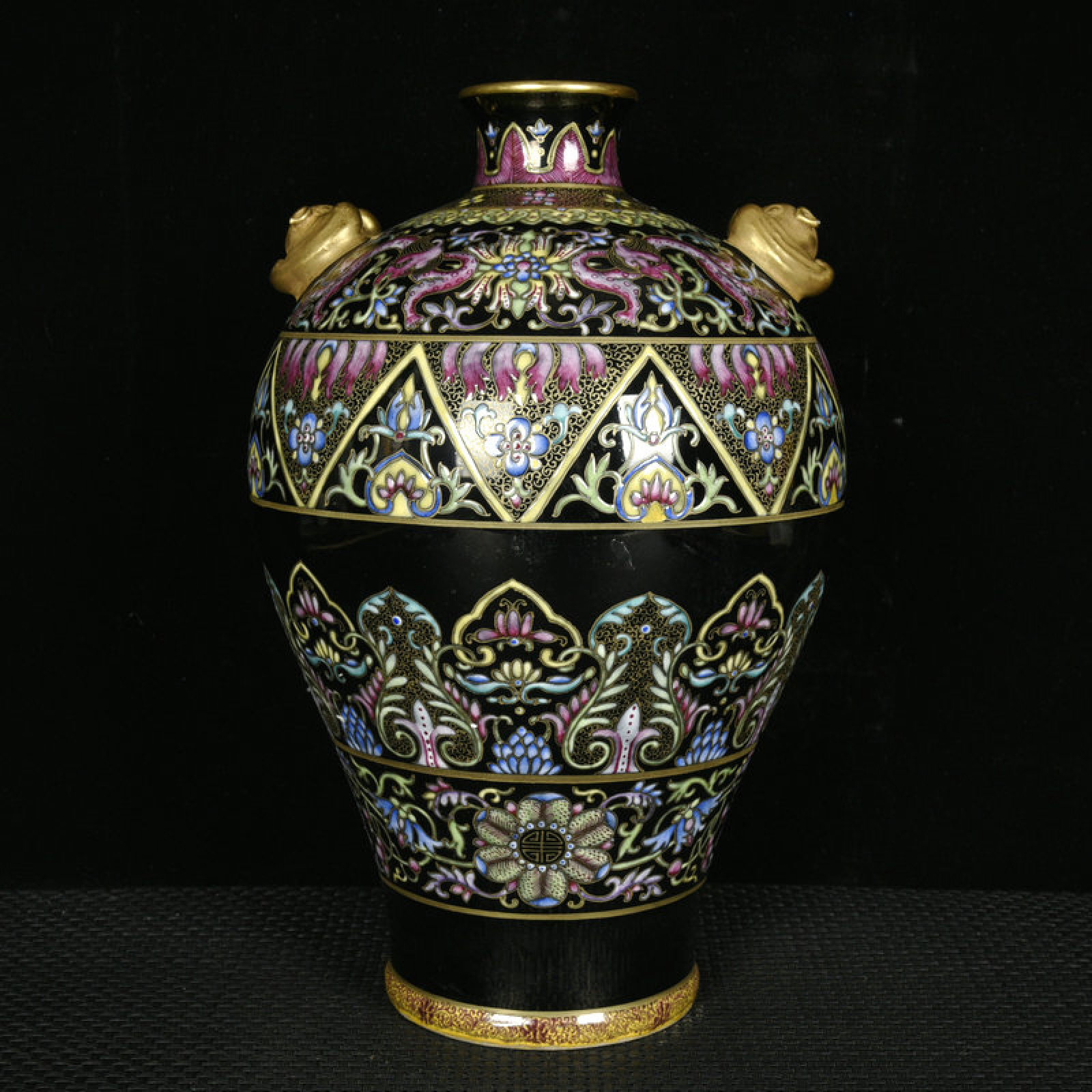 An Exquisite Ugyen Glazed Enamel Painted Gold Lotus Pattern Beast-Ears Vase: An Exquisite Ugyen Glazed Enamel Painted Gold Lotus Pattern Beast-Ears Vase,Qing Dynasty,China,Qianlong Six-character Mark,Size:11inx7.1in