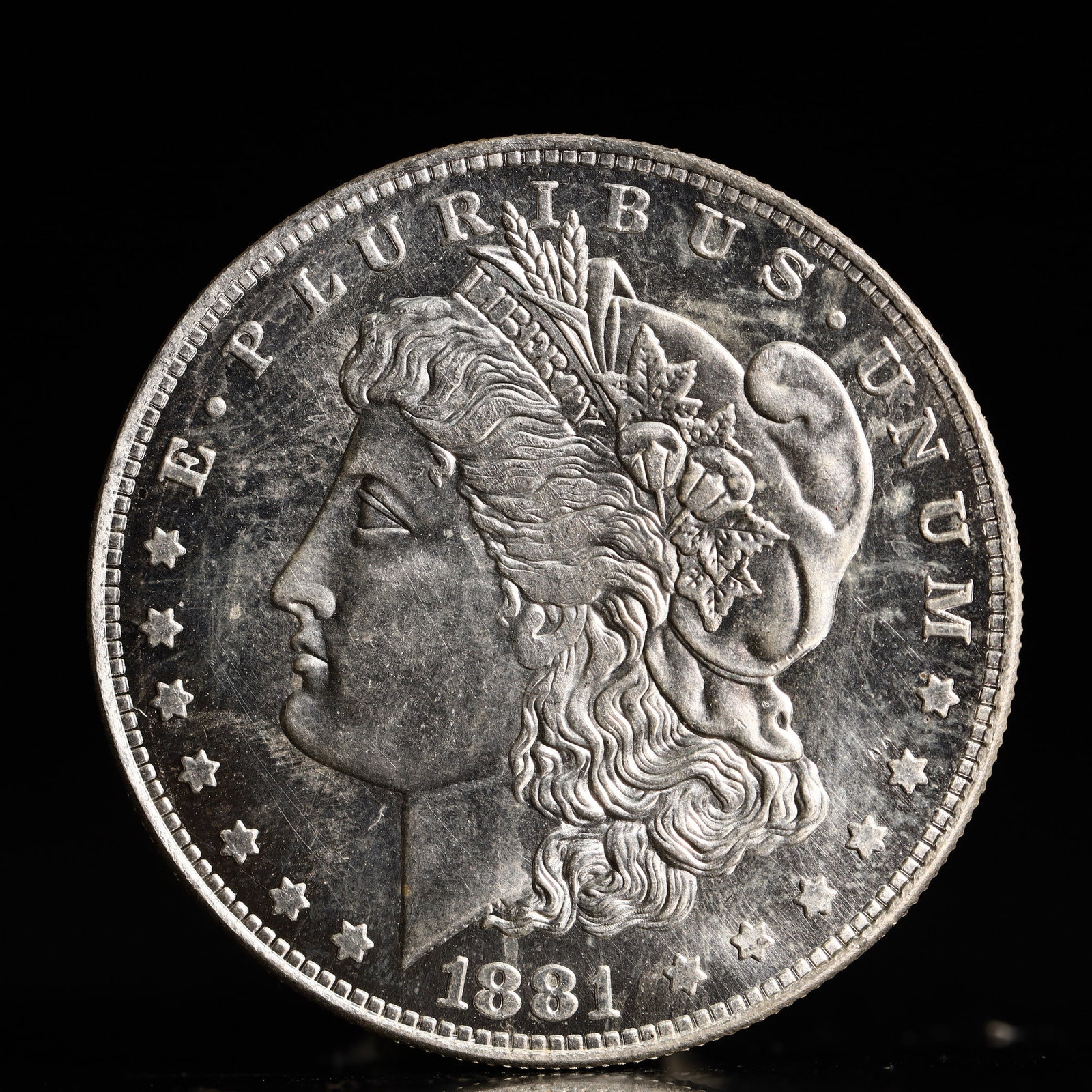 USA Morgan Dollar 1881 Coin: Obv: profile bust with date below and E PLURIBUS UNUM legend and stars around. Rev: eagle with In God we trust above within wreath with UNITED STATES OF AMERICA ONE DOLLAR legend. IN GOD WE TRUST / LI