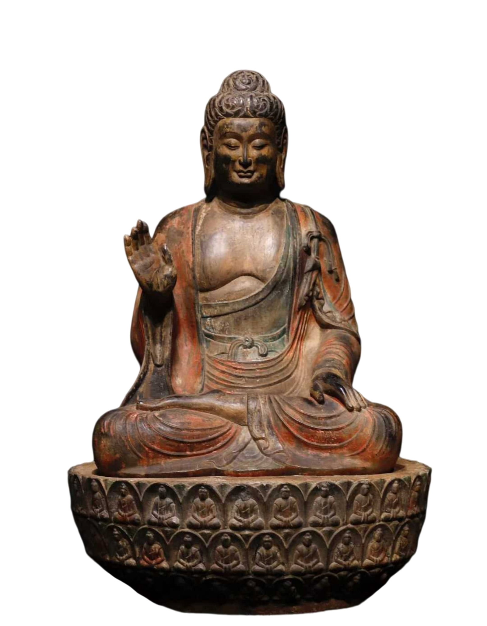A Solemn Limestone Painted Color Statue of Sakyamuni: A Solemn Limestone Painted Color Statue of Sakyamuni,Tang Dynasty,China,Size:35.4inx22.8inx20.9in