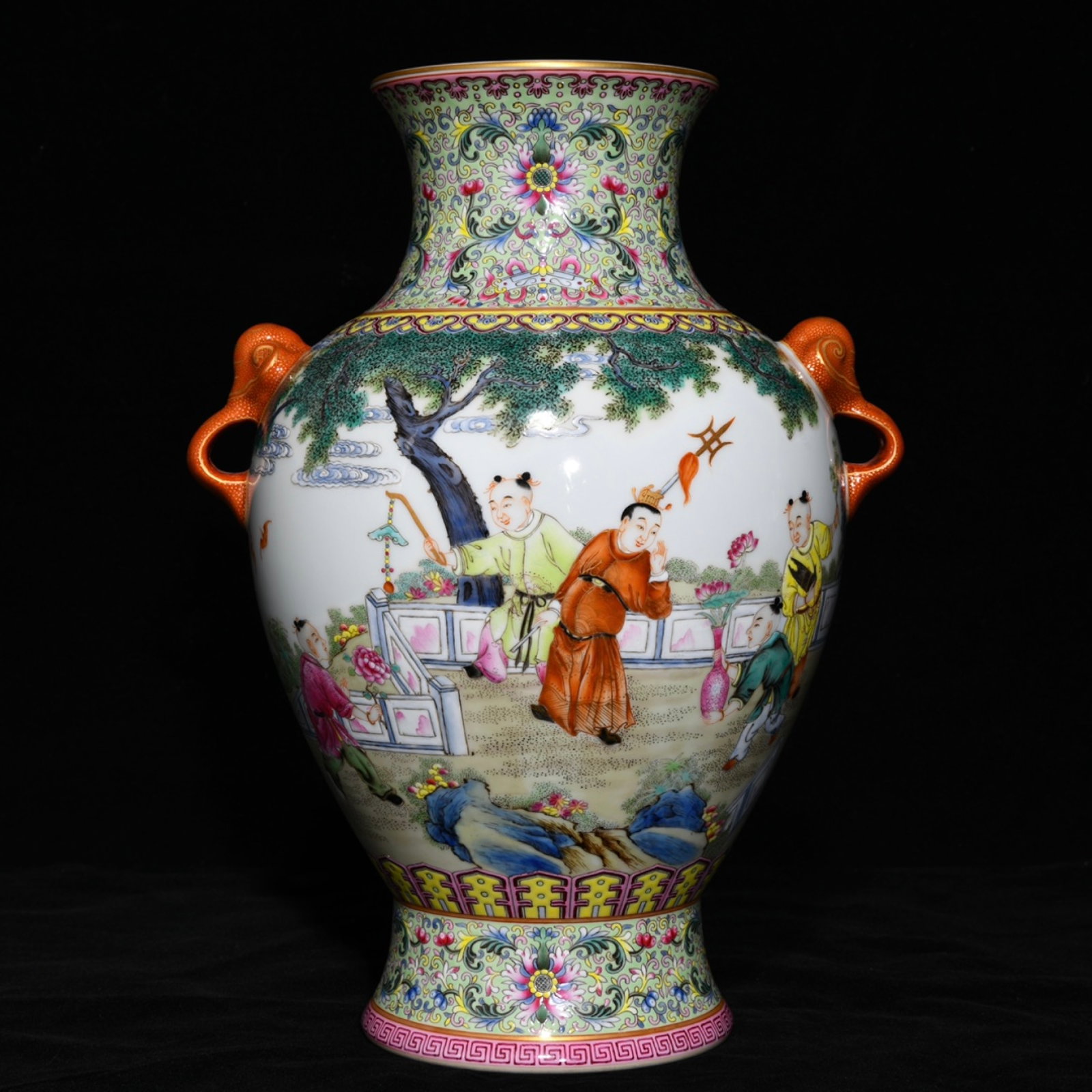 An Exquisite Famille-Rose Painted Gold Character and Story Pattern Elephant-Ears Vase: An Exquisite Famille-Rose Painted Gold Character and Story Pattern Elephant-Ears Vase,Qing Dynasty,China,Qianlong Six-character Mark,Size:11.4inx8.7in